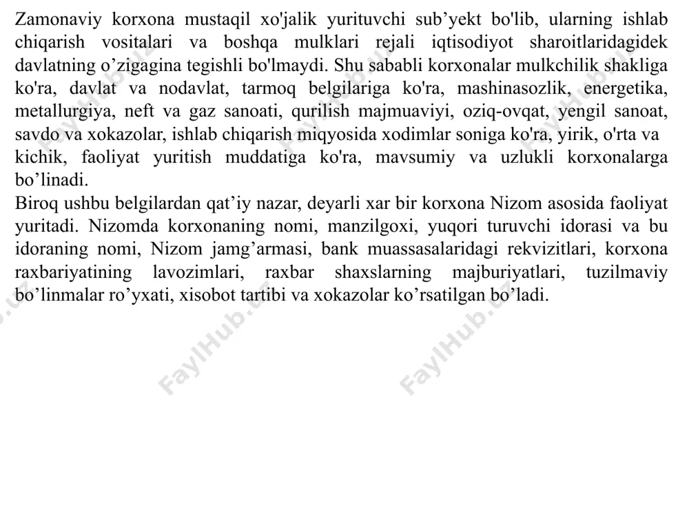 ining asosiy yo’nalishlari quyidagilar xisoblanadi: - bozor va uning rivojlanish istiqbollarini majmuaviy ravishda o’rganish yordamida, xaridorlarning maxsulot va xizmat turlariga mavjud va yuzaga kelishi mumkin bo’lgan talablarni aniqlash; - maxsulotning yangi modellari va namunalarini yaratish bo’yicha ilmiy-tadqiqot faoliyatini tashkil qilish; - xaridorlar talablariga mos keluvchi tovarlarni ishlab chiqarish; - ishlab chiqarishni rejalashtirish, dasturlash, muvofiqlashtirish va moliyalashtirish; maxsulotni taqsimlash va sotish tizimini tashkil qilish va uni mukammallashtirish; korxonaning barcha faoliyatini, jumladan, ishlab chiqarish, sotish, reklama, texnik xizmat ko’rsatish va xokazolarni boshqarish. sanoat korxonasining tuzilmasi quyidagi omillar ta’siri ostida shakllanadi: • texnika va texnologiyaning xususiyatlari; • ishlab chiqarish xajmi; • ishlab chiqarishni tashkil qilish shakllari (ixtisoslashtirish, kooperatsiya, kombinatsiya, koordinatsiya); • ishlab chiqarilayotgan maxsulot va ko’rsatilayotgan xizmatlarning murakkabligi va nomenklaturasi; • ishlab chiqarishni avtomatlashtirish, mexanizatsiyalashtirish va robotlashtirish darajasi; • mulk shakli raqobat olib borish usullari xamda shakllari va xokazo. biznes-rejani tuzishda quyidagi shartlarga alohida e’tibor qaratish zarur: • biznes-reja professional va shu bilan …