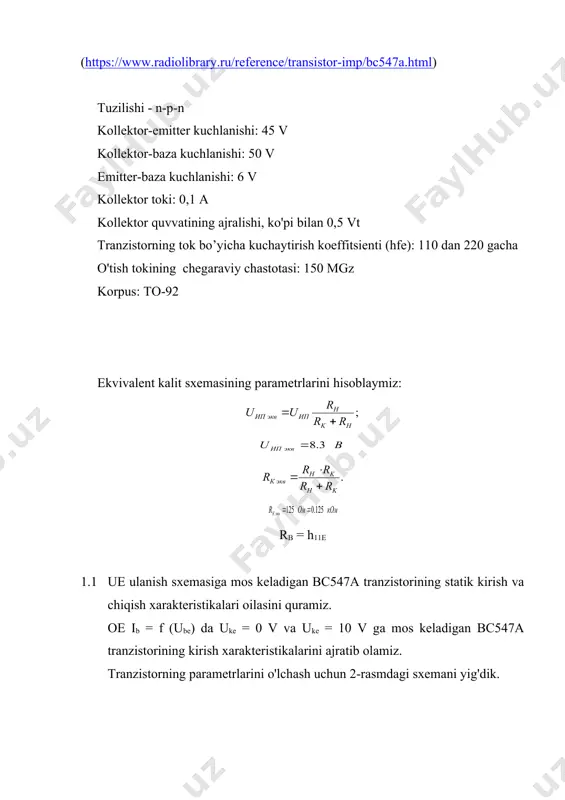 мка ib=90 мка ib=180 мка ib=270 мка ib=360 мка ib=450 мка 0 0 0 0 0 0 0 0,125 0 5,64 10,59 14,77 18,42 21,67 0,25 0 9,08 16,26 22,07 27,01 31,37 0,5 0,00001 9,53 17,13 23,28 28,54 33,17 1,0 0,00003 10,43 18,85 25,72 31,61 36,83 2,0 0,00008 12,23 22,29 30,59 37,76 44,14 3,0 0,0001 14,03 25,74 35,46 43,9 51,41 4,0 0,0002 15,83 29,18 40,33 50,05 58,76 5,0 0,0003 17,62 32,63 45,21 56,19 66,07 6,0 0,0004 19,12 36,07 50,08 62,34 73,38 7,0 0,0005 21,22 39,52 54,95 68,49 80,69 8,0 0,0006 23,02 42,96 59,82 74,64 88 9,0 0,0008 24,81 46,41 64,69 80,78 95,31 10 0,0009 26,61 49,85 69,78 86,93 102,62 15 0,0019 35,59 67,07 93,92 117,66 139,17 20 0,003,3 44,53 84,19 118,13 148,21 175,5 olingan ma'lumotlarga asosida, tranzistorning chiqish xarakteristikalari grafigini ik = f (uke) quramiz (4-rasm). 5-rasm. bc547a tranzistorining chiqish xarakteristikalarining ik = f (uke) grafigi shu to’plamga kiruvchi bt …