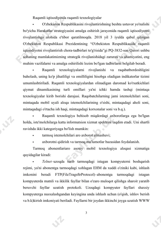 gsftrprotocol)–abonentga tarmoqdagi istagan kompyuterda matnli va ikkilik fayllar bilan o'zaro muloqot qilishga sharoit yaratib beruvchi fayllar uzatish protokoli. uzoqdagi kompyuter fayllari shaxsiy kompyuterga nusxalashgandan keyingina unda ishlash uchun (o'qish, ishlov berish va b.k)kirish imkoniyati beriladi. fayllarni bir joydan ikkinchi joyga uzatish www yordamida amalga oshirilgan taqdirda ham ftp-sistemasi o'zining tezkorligi va foydalanishdagi oddiyligi tufayli ommaviy xizmat turi bo'lib qolmoqda. usenet (usenetwewsqroupe)- tarmoq yangiliklari va tarmoqdagi elektron e’lonlar doskasini olish. bu sistema ma'lum bir mavzu bo'yicha guruhlarga bo'lingan hujjat (maqola)lar yigindisi sanaladi. o’zbekistonda yo’zaga kelgan vaziyat iqtisodiyotning rivojlanishini intensiv yo’lga o’tkazishni, resurslarning barcha turlaridan oqilona foydalanishni, ishlab chiqarishga tobora takomillashgan mehnat qurollarini joriy etishni juda ham muhim vazifa qilib qo’ymoqda. korxonalarni texnik jihatdan qayta qurollantirish, kam chiqitli va chiqitsiz texnologiyalardan, ilіor konstruktsiyali materiallardan foydalanish dasturlarini amalga oshirish asosidagina mehnat unumdorligini o’stirish, mahsulot sifatini yaxshilash, aholining harid talabini qondirish, ilm - fan ishlab chiqarish tarmoqlarni, ayniqsa, elektronika, asbobsozlik, hisoblash texnikasi, aloqa vositalari …