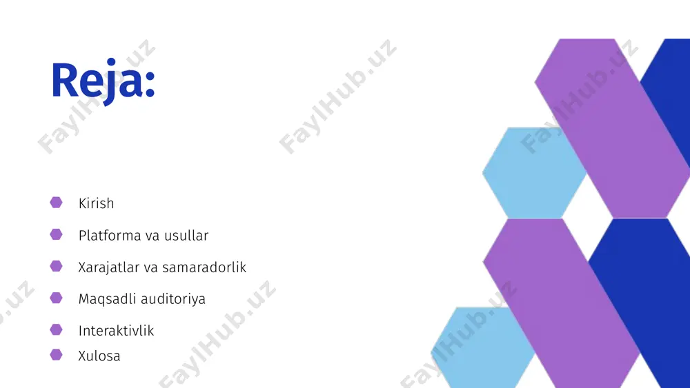 mkin. an’anaviy marketing: odatda mahalliy yoki milliy miqyosda cheklangan va ko‘proq vaqt talab qiladi. ko'lami va tezligi o'lchovchanlik va tahlil qilish imkoniyati raqamli marketing: har bir reklama va harakatning natijasini o‘lchash uchun vositalar mavjud (google analytics, facebook insights va boshqalar). an’anaviy marketing: samaradorlikni o‘lchash qiyinroq, asosan umumiy sotuv hajmi orqali baholanadi. raqamli marketing reklama kampaniyalarini tezda o‘zgartirish va optimallashtirish mumkin. ananaviy marketing an’anaviy marketing: o‘zgarishlar kiritish ko‘proq vaqt va xarajat talab qiladi. moslashuvchanlik raqamli marketing: dinamik kontent (videolar, animatsiyalar, interaktiv bannerlar) yordamida auditoriyani jalb qilish imkoniyatiga ega. an’anaviy marketing: statik kontent (plakatlar, bosma reklama) bilan cheklanadi, lekin katta ko‘chadagi billboardlar ko‘zga ko‘rinadigan reklama uchun samarali bo‘lishi mumkin. kreativlik va vizual ta'sir reklama turining uzliksizligi raqamli marketing efir vaqti yoki bosma nashrlar bilan cheklangan bo‘lishi mumkin. masalan, televizor reklamalari faqat ma'lum soatlarda ko‘rsatiladi. internet doimiy ishlaganligi sababli 24/7 faoliyat ko‘rsatadi. har qanday vaqtda iste'molchilar ma'lumotni qabul qilishi yoki mahsulotni sotib olishi …