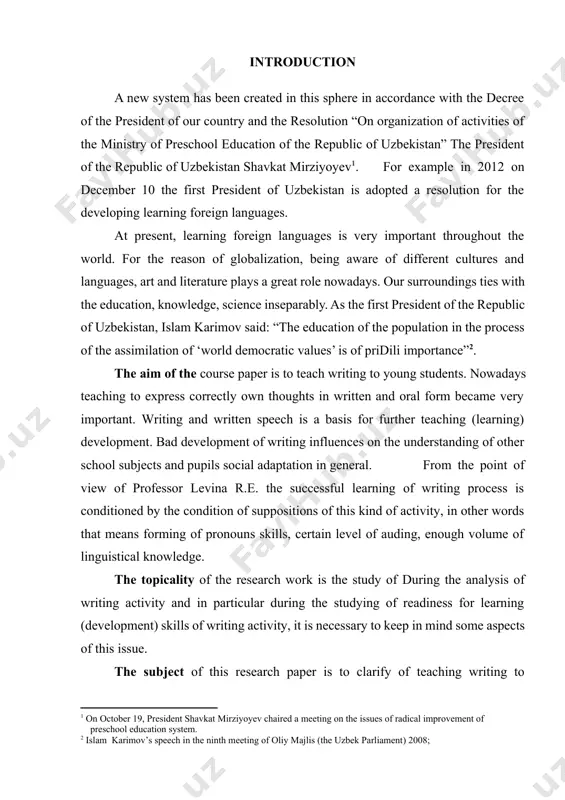 e of linguistical knowledge. the topicality of the research work is the study of during the analysis of writing activity and in particular during the studying of readiness for learning (development) skills of writing activity, it is necessary to keep in mind some aspects of this issue. the subject of this research paper is to clarify of teaching writing to elementary students . writing activity is a part of language phenomenon. that is why it is necessary to consider factors, which define this kind of speech activity from linguistical and psycholinguistic (writing activity is a system of connected writing expressions producing) positions. at the same time writing activity is a special kind of human activity where it is important to define psychological (writing activity is a component of other kinds of activity (epistolary, educational, activity of management and etc.), inside of which it has a certain structural place and functionality) …