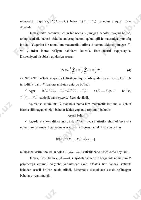 al o‘xshashlik usullari bilan tuzilgan statistik baholar aynan bir xil ekan. interval baholash ishonchlilik oralig‘i oldingi paragraflarda biz noma’lum parametrlarning nuqtaviy statistik baholari bilan tanishdik. tuzilgan nuqtaviy baholar tanlanmaning aniq funksiyalari bo‘lgan t.m. bo‘lib, ular noma’lum parametrlarning asl qiymatiga yaqin bo‘lgan nuqtani aniqlab beradi xolos. ko‘p masalalarda noma’lum parametrlarni statistik baholash bilan birgalikda bu bahoning aniqligini, ishonchliligini topish talab etiladi. matematik statistikada statistik baholarning aniqligini topish ishonchlilik oralig‘i va unga mos ishonchlilik ehtimolligi orqali hal etiladi. faraz qilaylik, tanlanma yordamida noma’lum θ parametr uchun siljimagan t( ) baho tuzilgan bo‘lsin. tabiiyki │t( ) – θ│ ifoda noma’lum θ parametr bahosining aniqlik darajasini belgilaydi. t( ) statistik bahoning noma’lum θ parametrga qanchalik yaqinligini aniqlash masalasi qo‘yilsin. oldindan biron-bir β (0 0 sonini topish lozim bo‘lsin. bu munosabatni boshqa ko‘rinishda yozamiz p{t( )–δ 0 sonni shunday topaylikki, u uchun quyidagi munosabat o‘rinli bo‘lsin: . (3.3) - t.m.ning taqsimot funksiyasi normal qonunga yaqinligini …