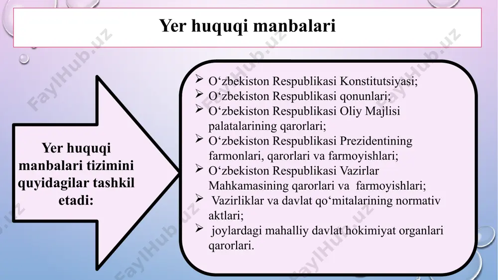 tavsiflanadi. yerga oid siyosatni belgilashda ishtirok etadigan umumiy ahamiyatga ega bo‘lgan qonunlarga o‘zbekiston respublikasining konstitutsiyasini, “tabiatni muhofaza qilish to‘g‘risida”gi qonuni (1992 yil 9 dekabr) misol bo‘ladi. yer huquqi manbalari huquqiy tartibga solish xarakteri bo‘yicha manbalar moddiy va protsessualga bo‘linadi. moddiy xarakterdagi normativ-huquqiy aktlar munosat qatnashchilarining huquqlari, majburiyatlari va javobgarligini o‘rnatuvchi moddiy huquq normalarini o‘z ichiga oladi. protsessual xarakterdagi yer huquqi manbalari yerdan foydalanish va muhofaza qilish sohasidagi protsessual munosabatlarni tartibga soladi. qonunchilik akti shakli bo‘yicha yer huquqi manbalari kodifikatsiyalangan va kodifikatsiyalanmagan manbalarga bo‘linadi. kodifikatsiyalangan – bu huquqning u yoki bu sohasida asosiy hisoblangan, yuqori sifati va tizimlashganlik darajasi bilan ajralib turuvchi normativ aktlardir. yer huquqida ushbu akt sifatida o‘zbekiston respublikasining 1998 yil 30.04.da qabul qilingan yer kodeksi xizmat qiladi. yer huquqi manbalari fan: yer huquqi mavzuga tayyorgarlik ko’rishda tavsiya etiladigan adabiyotlar ro’yxati 1. o’zbekiston respublikasining yer kodeksi. 2. yer huquqi – asqar nigmatov o’quv qo’llanma “toshkent islom universiteti” – 2001. …
