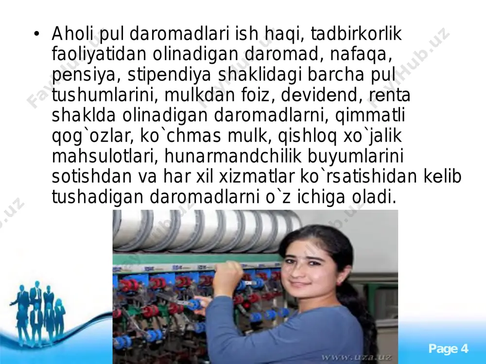 ormal daraja - insonning jismoniy va aqliy kuch- quvvatini to`la tiklash uchun qulay sharoitlarni ta`minlaydigan ilmiy asoslangan me`yorlar bo`yicha oqilona iste`mol qilish kambag’allik - mehnat uchun resurslarni qayta yaratishning quyi chegarasi sifatidagi ish qobiliyatini saqlash darajasida ne`matlarni iste`mol qilish qashshoqlik - iste`mol qilinishi insonning yashash qobiliyatini saqlash imkoniyatinigina beradigan ne`matlar va xizmatlarning biologik mezonlar bo`yicha yo`l qo`yiladigan minimal turlarini iste`mol qilish aholining turmush darajasini quyidagi to`rt ko`rsatkich bilan ajratish mumkin: http://www.powerpointstyles.com/ free powerpoint templates page 16 har bir insonning turmush darajasi havo va suv muhiti, uy-joy, maishiy va ishlab chiqarish sharoitlari, iste`mol tovarlarining sifati va hajmidan boshlab, to umumiy ijtimoiy-iqtisodiy va ekologik vaziyat, shuningdek siyosiy institutlarning ahvoligacha bo`lgan qator tabiiy va ijtimoiy omillar bilan belgilanadi. ularning eng diqqatga sazovorlari siyosiy, iqtisodiy, ijtimoiy soha va fan-texnik taraqqiyot, shuningdek ekologiyaga (atrof-muhitga) ta`sir etuvchi omillardir. omillarning ta`siri tabiiy-iqlimiy sharoitlar va zaxiralarning (inson, mehnat, ishlab chiqarish, moliyaviy, axborot, ma`naviy zaxiralar mavjudligiga (yo`qligiga) qarab kuchayishi …