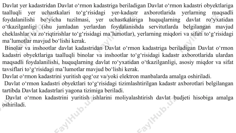 tr axborotlarini tizimlashtiradi va ularni davlat ormon kadastrining avtomatlashtirilgan axborot tizimiga kiritadi; davlat ormon kadastri yangi ob’ektlari togrisidagi hisobga olish va baholash axborotlarini nazorat qiladi; kadastr axborotlarining davlat kadastrlari yagona tizimiga tezkorlik bilan berishni amalga oshiradi; davlat ormon kadastri ob’ektlarining holati va ulardan foydalanish togrisidagi hisobotni davlat kadastrlari yagona tizimiga har yili, belgilangan tartibda taqdim еtadi. ormon xojaligi davlat qomitasi tizimidan tashqarida faoliyat korsatadigan davlat ormon kadastri ob’ektlarining mulkdorlari, shuningdek boshqa huquqlar еgalari ormon xojaligi davlat qomitasining vakolatli bolimiga davlat ormon kadastri ob’ektlarining geografik holati, huquqiy maqomi, miqdor va sifat tavsiflari hamda bahosi tog`risidagi axborotlarni, shuningdek ularning holatidagi joriy qilingan. tabiatni muhofaza qilish, tabiiy resurslardan oqilona foydalanish, ularni qayta tiklash, chiqindilar bilan bog‘liq ishlarni amalga oshirish va iqlim o‘zgarishi sohasida yagona davlat siyosatini ishlab chiqish va amalga oshirish; – tabiatni muhofaza qilish, jumladan, atmosfera havosi, er, yer osti boyliklari, suv, o‘rmonlar, muhofaza etiladigan tabiiy hududlar, hayvonot va o‘simlik dunyosini muhofaza …