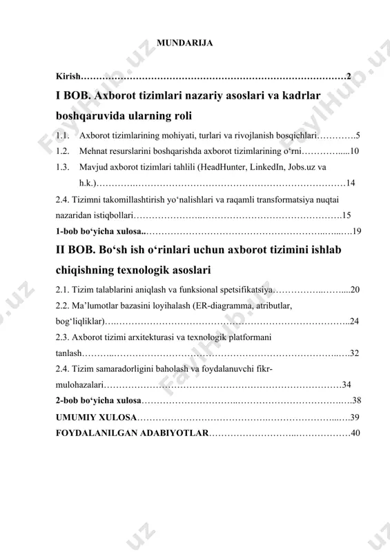 okratik to‘siqlarni kamaytirish maqsadida joriy etiladi. interaktiv xizmatlar - bu davlat organlari tomonidan internet tarmog‘i orqali taqdim etiladigan xizmatlar bo‘lib, fuqarolar, yuridik shaxslar va davlat organlari o‘rtasidagi samarali va tezkor aloqa vositalarini yaratadi. mavzuning dolzarbligi va tanlanish sabablari.bugungi raqamli transformatsiya sharoitida barcha sohalarda axborot texnologiyalaridan keng foydalanish muhim ahamiyat kasb etmoqda. xususan, mehnat bozori va inson resurslarini boshqarish sohasida ham raqamlashtirish jarayonlari jadallashmoqda. ish beruvchilar va ish izlovchilar o‘rtasidagi o‘zaro aloqani soddalashtirish, tezlashtirish hamda tizimlashtirish ehtiyoji dolzarb muammolardan biridir. an’anaviy usullarda bo‘sh ish o‘rinlarini e’lon qilish, hujjatlarni yig‘ish va nomzodlarni saralash jarayoni juda ko‘p vaqt va resurs talab qiladi. ushbu jarayonlarni avtomatlashtirish, onlayn platformalar orqali boshqarish samaradorlikni oshirish, xatoliklar sonini kamaytirish va inson omilidan kelib chiqadigan subyektiv qarorlarni minimallashtirish imkonini beradi. shu boisdan ham “bo‘sh ish o‘rinlari uchun axborot tizimini loyihalash” mavzusi bugungi kun talablariga to‘liq mos va amaliy ahamiyatga ega bo‘lgan tadqiqot yo‘nalishidir. tizimlashtirish zarurati: mehnat bozori raqamlashtirilishi kontekstida …