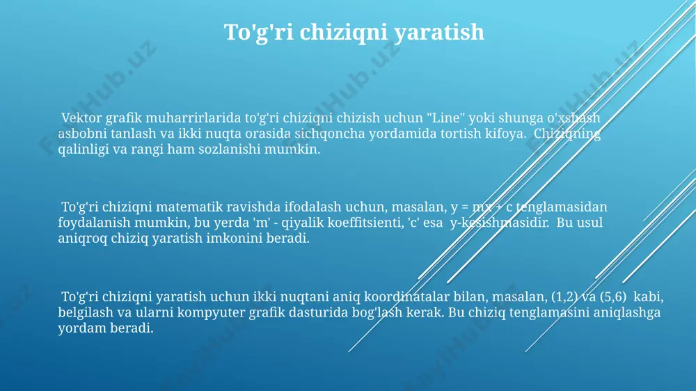 oydalaniladigan 2d yoki 3d grafik muhitlarida raqamli ifodalashning bir usuli hisoblanadi. misollarni ishlatib, 3 ta nuqta orqali o'tuvchi tekislik tenglamasini hisoblash mumkin, bu tekislikning kompyuterdagi grafik tasvirini yaratish uchun zarurdir. amaliy qo'llanmalar cnc frezalashda, 3 oʻqli mashinalar yordamida murakkab detallarni ishlab chiqarishda, dasturlashda toʻgʻri chiziq va tekisliklarni aniq belgilash aniqlik darajasini 0.005 mm gacha oshiradi. arxitektura loyihalarida 2d chizmalarni 3d modellarga aylantirishda toʻgʻri chiziqlar va tekisliklarning aniqligi binoning mustahkamligi va barqarorligi uchun juda muhim, xatoliklar 1% dan oshmasligi kerak. kompyuterda 3d modellashtirishda toʻgʻri chiziq, burchak va tekisliklarni aniq yaratish 0.01 mm gacha aniqlik bilan geometrik hisob-kitoblarni talab qiladi. dasturlash tillari 3d modellashda, opengl yoki directx kabi grafik kutubxonalar yordamida, 3 o'lchovli fazoda tekislikni aniqlash uchun 3 ta nuqta yoki 1 ta nuqta va normal vektor kerak bo'ladi. dasturlash tillarida, masalan, python yoki javascriptda, 2d tekislikda to'g'ri chiziqni ifodalash uchun eğim (slope) va kesishma (intercept) kabi 2 ta parametr yetarli bo'ladi. …