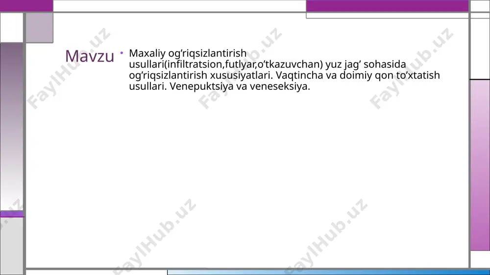 r xili va miqdori har bir bemorning ruhiy holatini e’tiborga olib individual tanlanadi. ular mahalliy anestetiklar ta’sirini o’zgartirmaydi, ammo umumiy ta’siri bilan mahalliy og’riqsizlantirishni kuchaytiradi. audioanesteziya. bu uslubda og’riqsizlantirish bosh miyada joylashgan eshitish analizatorlarga ma’lum chastota diapazonida tovushlar bilan kuchli ko’zg’atish holatini chaqirib, qolgan qismlarida tarqalgan tormozlantirish holatini hosil qilish bilan erishiladi. gipnoz – so’z ta’sirida uxlatish va og’riqsizlantirish. bu usul yuz va jag’larda hosil bo’lgan og’riqni (prozopalgiyani) davolashda qo’llaniladi. tish olish uchun juda kamdan- kam ishlatiladi. statsionar sharoitda kichik operatsiyalar neyroleptanalgeziyada bajarilishi mumkin. poliklinika sharoitida narkozga ko’rsatma 1. bolalarda ota-ona hohishi bilan. 2. mahalliy anestetiklar allergik reaksiya mavjudligi. 3. mns, asab va ruhiy o’zgarishlari bor shahslar (epilepsiya, oligofreniya, daun kasalligi, bsf va shunga o’xshashlar). 4. asabi beqaror bolalar (qo’rqqanidan xushidan ketib, yuragi urib, ko’ngli ay nib, qaltirab ketadiganlar) 5. tezkor yordamga muhtoj yallig’lanish jarayoni va jarohat bo’lgan bemorlar asosiy narkotik modda sifatida azot oksidi, ftorotan, trilen va boshqa gazlar …