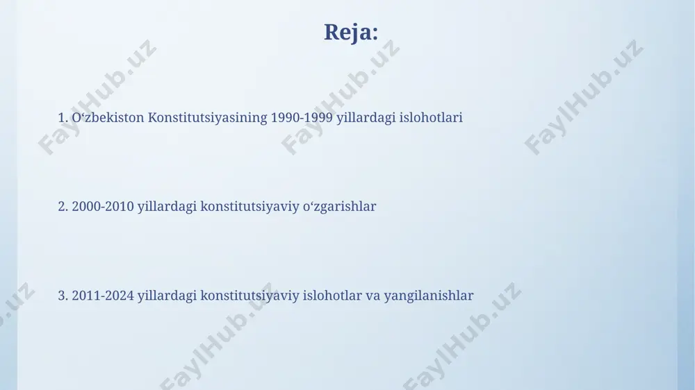 hotlar davlat boshqaruvi samaradorligini oshirishga qaratilgan bo'lib, natijada byurokratiyani qisqartirish va korruptsiyani kamaytirishga oid bir qator chora-tadbirlar amalga oshirildi, bu esa investitsiyalarni jalb qilishga ijobiy ta'sir ko'rsatdi. kelajakdagi konstitutsiyaviy islohotlar istiqbollari konstitutsiyaga elektron hukumatni rivojlantirish, raqamli iqtisodiyotni shakllantirish va axborot texnologiyalaridan foydalanish bilan bog‘liq yangi moddalar qo‘shilishi, bu esa 21-asr talablariga moslashishni ta’minlaydi. kelajakdagi konstitutsiyaviy islohotlar fuqarolarning siyosiy huquq va erkinliklarini yanada kengaytirishga, jumladan, referendum orqali 2025 yilgacha kamida 5 ta muhim moddani qayta ko‘rib chiqishga qaratilishi mumkin. sud tizimining islohotlari 1990-yillardan boshlab sud tizimining mustaqilligini ta'minlashga qaratilgan konstitutsiyaviy islohotlar natijasida sudlarning 3 bosqichli tuzilmasi (mahalliy, viloyat, oliy sud) shakllandi. 2017-yilda qabul qilingan yangi konstitutsiya sud hokimiyatining mustaqilligini yanada mustahkamlab, sudyalarni saylash va lavozimidan ozod etish tartibini takomillashtirdi, 5 yillik muddatga saylanishni joriy qildi. o‘zbekiston respublikasining davlat mustaqilligi deklaratsiyasi (1990) deklaratsiya o'zbekistonning mustaqil davlat sifatida jahon hamjamiyatiga qo'shilishini e'lon qilib, 1991-yilda o'tkazilgan referendum natijalariga asosiy huquqiy ta'sir ko'rsatgan. deklaratsiya 16 …