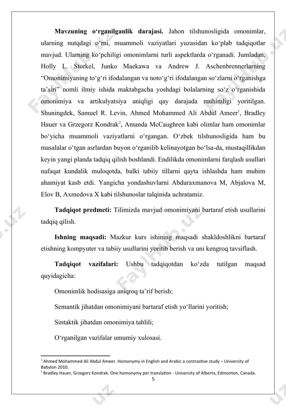rdir. ular orasida semantik aloqa bo‘lmaydi. ikki yoki undan ortiq so‘zning bir xil yozilishi va bir xil talaffuz etilishi natijasida omonimlar yuzaga keladi. omonimlar quyidagicha hosil bo‘ladi: 1. aslida turli shakllarda bo‘lgan leksemalarning hozirgi grafika talablari asosida bir xil yozilishi natijasida omonimlar shakllanadi. masalan, hozirda omonim hisoblangan to‘rt xil ma’nodagi o‘t so‘zining har biri (o‘t i “o‘simlik”; o‘t ii “olov”; o‘t iii “o‘tpufak”; o‘t iv “harakat”) tarixiy yozilishi jihatidan farqlanadi. 2. boshqa tillardan o‘tgan so‘zlarning o‘zbek tilidagi lug‘aviy birliklar bilan shaklan teng kelib qolishi natijasida omonimlar yuzaga keladi: atlas-atlas, etik-etik, tok-tok. 3. ko‘p ma’noli so‘z ma’nolari o‘rtasida bog‘lanishning yo‘qolishi natijasida omonimlar hosil bo‘ladi: dam (hordiq), dam (bosqon), dam (nafas); gap (til birligi), gap (yig‘in), uloq (echki bolasi), uloq (sport turi). omonimlikning birinchi usuli alisher navoiy davrida, deyarli kuzatilmaydi. chunki o‘sha davrda yozuv har xilligi muammosi bo‘lmagan. ikkinchi usuldagi omonimlik, asosan, turkiy va forscha-tojikcha so‘zlar o‘rtasida uchraydi: bog‘ (turkiy “o‘ram”) – …