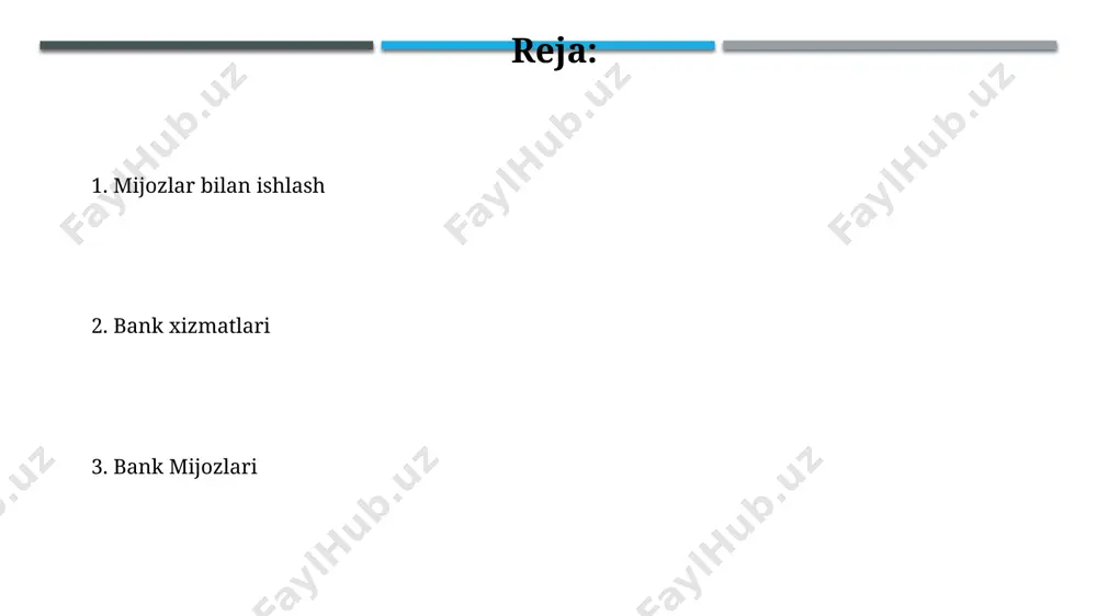 tadqiqotlar shuni ko'rsatdiki, toshkent shahridagi mijozlarning 75% mobil bankdan foydalanadi, bu esa mijozlarni segmentlashda mobil bank xizmatlarini hisobga olish zarurligini ko'rsatadi. samarqanddagi 18-45 yosh oralig'idagi mijozlarning 60% investitsiya portfellarini diversifikatsiya qilishga qiziqish bildirishadi, bu esa investitsiya mahsulotlarini taklif qilishda maqsadli guruhlarni aniqlash imkonini beradi. loyihalarni boshqarish xorazm viloyatidagi 15 ta kichik biznes loyihasini muvaffaqiyatli boshqarish tajribasi shuni ko‘rsatdiki, loyiha xarajatlarini 10% ga kamaytirish mumkin ekan. bankning 2023 yilgi strategik rejasiga ko‘ra, loyihalarni boshqarish tizimini takomillashtirish natijasida mijozlarning qoniqish darajasi 30% ga oshishi kutilmoqda. mahsulotlar va xizmatlar portfeli бизнинг банк карталаримиз ёрдамида ўзбекистон бўйлаб 5000 дан ортиқ банкоматлардан фойдаланиш, хизматлар учун тўловларни амалга ошириш ва онлайн-шопинг орқали харидларни амалга ошириш имкониятига эгасиз. шунингдек, карталарга 3% гача кешбэк таклиф қилинади. мижозларга 20 дан ортиқ турли хил маҳсулот ва хизматлар, жумладан, 5 та валютадаги депозитлар, онлайн-банкинг тизими орқали 24/7 фойдаланиш имконияти ва тошкент шаҳри бўйлаб 100 дан ортиқ филиалларимиздан бемалол фойдаланиш таклиф этилади. …