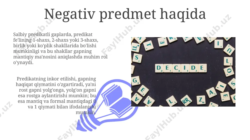 o'q") orqali yoki maxsus inkor qo'shimchalari bilan. ular gapning tuzilishiga ta'sir ko'rsatadi. "va" bog'lovchisi "va" bog'lovchisi ikki yoki undan ortiq sodda gaplarni bir-biri bilan bog'lab, murakkab gap hosil qiladi, ularning orasida mantiqiy "va" munosabati mavjud bo'ladi. "va" bog'lovchisi murakkab gap tarkibida gaplarning ketma-ketligini ko'rsatib, taxminan 1 dan 10 gacha bo'lgan sonli sodda gaplarni birlashtirishi mumkin, bu esa mantiqiy qo'shilishni bildiradi. qo'shimcha ma'lumotlar sub'ekt va predikatning inkorlanishi, mantiqiy amallar orqali 2 ta sodda fikrni murakkab fikrga birlashtirish jarayonini osonlashtiradi va turli mantiqiy xulosalar chiqarish imkonini beradi. mantiqda, 2 ta sodda fikrning bog'lanishi natijasida hosil bo'lgan murakkab fikrlar 4 ta asosiy turga bo'linadi: kon'yunktsiya, diz'yunktsiya, implikatsiya va ekvivalentsiya. salbiylik va bog'lovchilarning o'zaro ta'siri 01 02 kon'yunksiyalar (va, ham) bilan salbiylikning birgalikdagi ishlatilishi jumlaning rostlik qiymatini aniqlashda 3 ta mumkin bo'lgan mantiqiy natijalarni beradi. sales 1st qtr 2nd qtr 100 0 sales 1st qtr 2nd qtr 100 0 bog'lovchilar turlari qarama-qarshi bog'lovchilar esa …