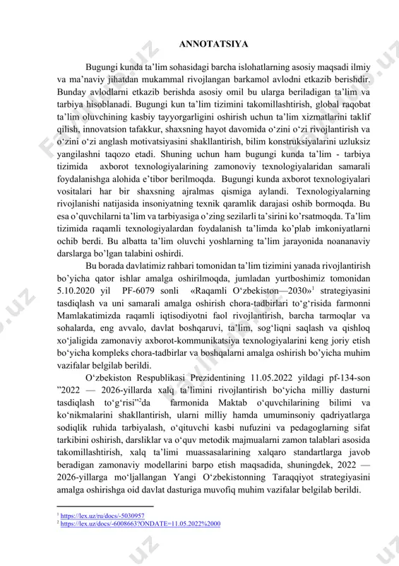 r va sohalarda, eng avvalo, davlat boshqaruvi, ta’lim, sog‘liqni saqlash va qishloq xо‘jaligida zamonaviy axborot-kommunikatsiya texnologiyalarini keng joriy etish bо‘yicha kompleks chora-tadbirlar va boshqalarni amalga oshirish bo’yicha muhim vazifalar belgilab berildi. [1: https://lex.uz/ru/docs/-5030957] o‘zbekiston respublikasi prezidentining 11.05.2022 yildagi pf-134-son ”2022 — 2026-yillarda xalq ta’limini rivojlantirish bo‘yicha milliy dasturni tasdiqlash to‘g‘risi”[footnoteref:2]da farmonida maktab o‘quvchilarining bilimi va ko‘nikmalarini shakllantirish, ularni milliy hamda umuminsoniy qadriyatlarga sodiqlik ruhida tarbiyalash, o‘qituvchi kasbi nufuzini va pedagoglarning sifat tarkibini oshirish, darsliklar va o‘quv metodik majmualarni zamon talablari asosida takomillashtirish, xalq ta’limi muassasalarining xalqaro standartlarga javob beradigan zamonaviy modellarini barpo etish maqsadida, shuningdek, 2022 — 2026-yillarga mo‘ljallangan yangi o‘zbekistonning taraqqiyot strategiyasini amalga oshirishga oid davlat dasturiga muvofiq muhim vazifalar belgilab berildi. [2: https://lex.uz/docs/-6008663?ondate=11.05.2022%2000] yuqoridagilarni amalga oshirish maqsadida ushbu bitiruv ishida informatika va axborot texnologiyalari fanidan nostandart test topshriqlari yaratish texnologiyalarini o'rgatish metodikasi yoritib berilgan. bitiruv ishida mavzuga oid bugungi kun talablaridan kelib chiqqan holda, raqobatbardosh yetuk , mantiqiy …
