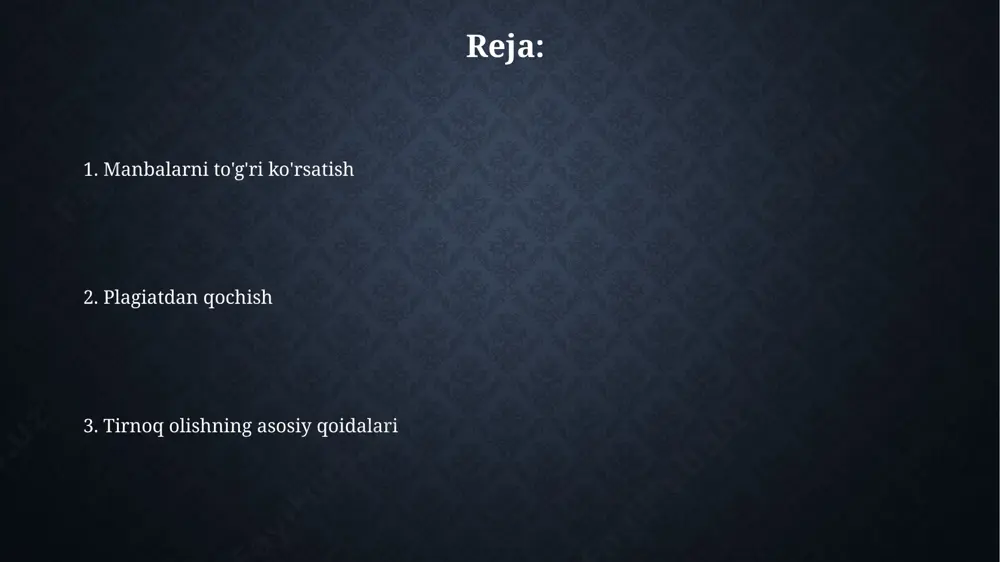 relar (—) yoki boshqa tipografik belgilar ham ishlatilishi mumkin, lekin kamdan-kam hollarda. matn ichida iqtibos keltirish iqtibosning uzunligi 40 so'zdan oshsa, uni qisqartirish va "..." belgilaridan foydalanish tavsiya etiladi, lekin ma'no buzilmasligi shart. to'g'ridan-to'g'ri iqtiboslarda tirnoq belgilaridan ("...") foydalanish, bilvosita iqtiboslarda esa bu belgilar qo'llanmaydi va gap boshqa so'zlar bilan ifodalanadi. turli uslublardagi iqtiboslar to'g'ri iqtiboslashda tinish belgilarining 3 ta asosiy pozitsiyasi mavjud: iqtibos ichida, iqtibosdan keyin va iqtibosdan oldin, bu matnning o'qilishiga ta'sir qiladi. iqtiboslarni matnda joylashtirishning 3 xil usuli mavjud: to'liq iqtibos, qisqartirilgan iqtibos va ellipsis yordamida qisqartirish, har biri o'ziga xos formatlash qoidalariga ega. muallif huquqi va plagiat plagiat qilish, ya'ni boshqa muallifning asarini o'z nomidan taqdim etish, mualliflik huquqining jiddiy buzilishi hisoblanadi va sud orqali 10% dan 30% gacha miqdorda zararni qoplash talab qilinishi mumkin. mualliflik huquqi qonunlari, 14-moddaga asosan, asarning muallifga tegishli bo'lgan eksklyuziv huquqlarini himoya qiladi va plagiat qilish holatlarida 500 ming so'mgacha jarima …