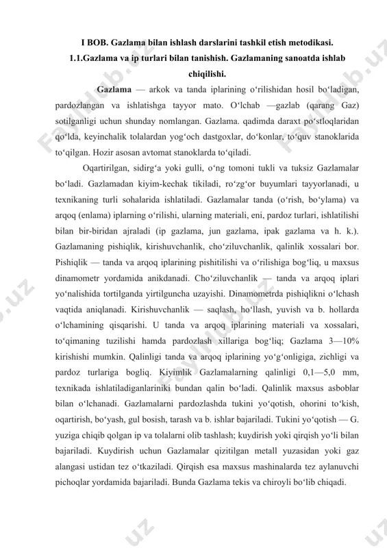 niga turli ranglardan maxsus mashinalarda bezaklar tushirish. tarash — toʻqimadagi arqoq iplarini titib, tolalarini yuzaga chiqarish jarayoni. bu jarayon ninalik tasma (kardolenta) yordamida tarashlash mashinalarida bajariladi. bunda gazlamalar (movut, paxmoq va b.) issiq saqlaydigan va mayin boʻladi. xonalarni bezash, mebellarga qoplash, eshik va derazalarga tutish uchun ishlatiladigan gazlama bezak mato deb ataladi. bundam matolar toʻqiladi yoki pardozlash vaqtida gul bosib tayyorlanadi. ular pishitilgan har xil rangli iplardan (paxta, jun, ipak va kimyoviy tolalar hamda metall iplardan) toʻqiladi. bezak gazlamalar jakkard mashinasi yordamida yirik gulli oʻrilishda toʻquv dastgoxlarida yoki qoʻlda toʻqiladi. oʻngi tekis, gʻadirbudur va tukli boʻladi. bunday gazlamalar pishiq, yorugʻbardosh boʻlishi kerak. ip — tolalar (paxta, ipak, jun, zigʻir va b.)dan ingichka qilib yigirilgan yoki yigirilmagan toʻquvchilik va tikuvchilik materiali; pishiq va ka-yishqoq mahsulot. gazlamalar, trikotaj toʻqish, kiyim-kechak tikish va b. koʻp maqsadlarda ishlatiladi. ip olish uchun ishlatiladigan tola turiga qarab ip tabiiy, sunʼiy, miner"al, kimyoviy xillarga boʻlinadi. iplar dastlabki, …