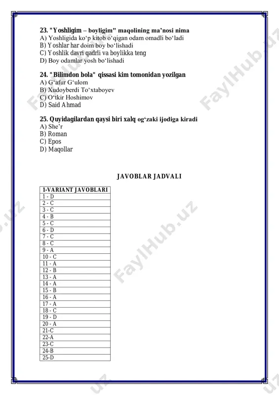 shart ergash gap 21. "boburnoma" asari qanday janrda yozilgan a) she’r b) lirika c) tarixiy nasr d) roman 22. "bolalik" asari muallifi kim a) abdulla qodiriy b) oybek c) erkin vohidov d) g‘afur g‘ulom 23. "ma’rifat" so‘zining ma’nosi nima a) ilm b) tarix c) san’at d) hikoya 24. "shum bola" asari kim tomonidan yozilgan a) o‘tkir hoshimov b) g‘afur g‘ulom c) abdulla oripov d) said ahmad 25. qaysi janr xalq og‘zaki ijodiga mansub emas a) lirika b) maqol c) doston d) ertak javoblar jadvali 2-variant javobi 1 - b 2 - b 3 - d 4 - d 5 - a 6 - b 7 - a 8 - b 9 - c 10 - a 11 - b 12 - a 13 - b 14 - c 15 - d 16 - c 17 - a 18 - d 19 - c 20 - a 21-c 22-b 23-a 24-b …