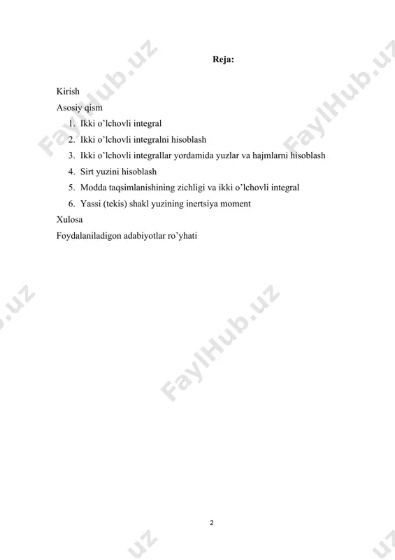 ining koordinatalarini kabi amaliy masalalarni hal qilishga bag’ishlanadi. ishning ilmiy ahamiyati. kurs ishi – matematikada qo’llaniladigan barcha, geometriya, mexanika, fizikaga oid amaliyot masalalarini yechishga tadbiq etish mumkin. ishning amaliy ahamiyati. kurs ishida hal qilingan ba’zi bir masalalari hayotda uchrashi lozim bo’lib, ular yechimlari ikki karrali integralning barcha xossa, hisoblash usullari asosida bajarilgan. asosiy qism 1. ikki o’lchovli integral f(x;y) funksiya biror d sohada aniqlangan bo’lsin. d sohani n ta qismlarga bo’lamiz. har bir qismda bittadan nuqta tanlaymiz hamda (1) yig’indini to’zamiz. (1) yig’indiga f(x;y) funksiya uchun d sohadagi integral yig’indi deyiladi. λ qism sohalar diametrlarining yeng kattasi bo’lsin. ,sohaning yuzi. ta’rif. (1) integral yig’indining, qismlarga bo’linish usuliga, nuqtalarning tanlanishiga bog’liq bo’lmagan λ → 0 dagi limiti mavjud bo’lsa, bu limitga f (x, y) funksiyaning d sohadagi ikki karrali integrali deyiladi va simvol bilan belgilanadi. ikki karrali integral aniq integralning ikki o’zgaruvchili(argumentli) funksiya uchun umumlashgan holidir. ikki karrali integral ham aniq …