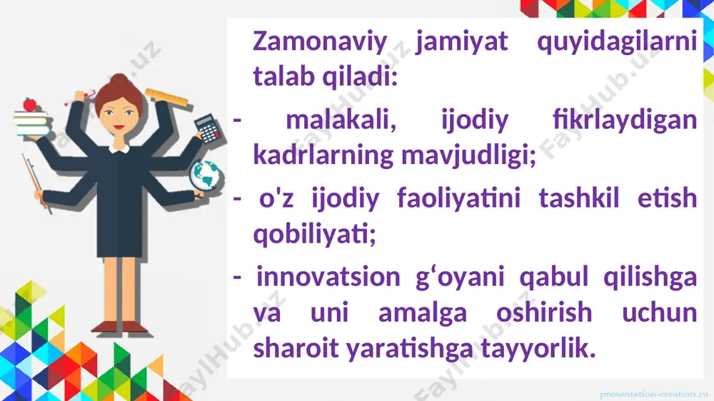 rivojlanishni nazorat qilish darsining tuzilishi 5. dars - tadqiqot (ijodkorlik darsi) bilimlarni aktuallashtirish. 1.1. motivatsiya. zun va aqliy operatsiyalarni aktuallashtirish yangi bilimlarni yaratish uchun etarli. 1.2. shaxsiy faoliyatdagi qiyinchiliklarni bartaraf etish. 5. tadqiqot darsi (ijodkorlik darsi) ii. operatsion-ijro etuvchi bosqich. 2.1. muammoning bayoni: a) muammoli vaziyat yaratish; b) tadqiqot muammosining bayoni; 2.2. tadqiqot mavzularini aniqlang. 2.3. tadqiqot maqsadini shakllantirish. 2.4. gipotezani ilgari surish. 2.5. muammoli vaziyatni hal qilish usulini tanlash. 2.6. tadqiqot rejasini tuzish. 2.7. bolalar tomonidan yangi bilimlarning "kashfiyoti". gipotezani tekshirish. eksperiment o'tkazish, kuzatishlar, laboratoriya ishlari, adabiyotlarni o'qish, fikrlash, o'quv filmlaridan parchalarni tomosha qilish va h.k. materiallardan yoki materiallashtirilgan modellardan foydalanish. har bir bola uchun muvaffaqiyat uchun motivatsiya yaratish