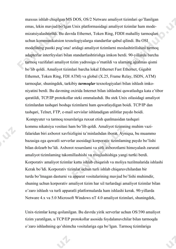 izimning o’zi bajaradi. amaliyot tizim kompyuteming apparat quril- malari - printerlar, skanerlar, barcha turdagi txq, dxq xq ichki xotiralari, kesh- xotira bilan ishlashni o’z zimmasiga oladi. vtamumotlarni kiritish va chiqarish, joylashtirish, saqlash va o’z vaqtida ma’lumotlami o’qish ham amaliyot tizimning vazifasi hisoblanadi. zamonaviy kompyuterlarda amaliyot tizim multidas turli ish tartib, virtual xotira bilan ishlash, real vaqt tartibida ishlash, konveyrli va superskalyar ishlov berish kabi murakkab ishlov berish amallarini bajaradi. amaliyot tizimning yuqorida ko’rsatilgan barcha vazifalarini ham foydalanuvchi, ham kompyuteming qurilmalari maksimal imkoniyatlaridan foydalanish uchun qulay interfeys sifatida ta’minlanadigan dasturlar to’plami yordamida ishlatiladi. amaliyot tizimning boshqa muhim vazifalari kompyuter o'zining resurslarini boshqarishi hisoblanadi. bu resurslar xotira, to’plagichlar, kiritish - chiqarish qurilmalari ishlatilishi jarayonida hisoblash jarayonlari orasida taqsimlanishi kerak. jarayon - bu ma’lumotlarga ishlov berish dasturini ishga tushirish yordamida bajarilishidir. boshqacha aytganda, bu foydalanuvchi tomonidan yozilgan dasturni dinamik ishlatish jarayoni hisoblanadi. resurslami boshqarish quyidagi umumiy masalalami yechishni o’z ichiga oladi: - kerakli …