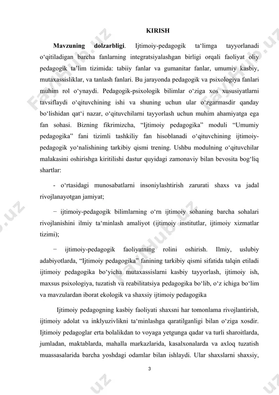 inklyuzivlikni ta‘minlashga intiladilar. ular ishtirok etish uchun to‘siqlarni yo‘q qilish va adolatli va adolatli jamiyat yaratish uchun harakat qilishadi. oldini olish va aralashuv: ijtimoiy pedagoglar ijtimoiy muammolar paydo bo‘lishining oldini olish va ular yuzaga kelganda aralashish uchun ishlaydi. ular xavf omillarini aniqlashga va ijobiy rivojlanishga yordam beradigan strategiyalarni ishlab chiqishga qaratilgan. hayot davomida ta‘lim: ijtimoiy pedagoglar umrbod ta‘lim va shaxsiy o‘sish muhimligiga ishonishadi. ular insonlarning hayoti davomida o'z ko‘nikmalari, bilimlari va qobiliyatlarini rivojlantirishda yordam beradi. imkoniyatlarni oshirish: ijtimoiy pedagoglar odamlarga o‘z hayotlari uchun mas‘uliyatni o‘z zimmalariga olish va ijobiy o‘zgarishlar qilish imkonini beradi. ular o‘z-o‘zini himoya qilish, o‘z taqdirini o‘zi belgilash va shaxsiy mas‘uliyatni rag‘batlantiradi. kurs ishining maqsadi. ijtimoiy pedagog kasbiy faoliyatining o‘ziga xosligi ijtimoiy pedagogning kasbiy faoliyati shaxsni rivojlantirishga har tomonlama yondashishi, ijtimoiy adolat va inklyuzivlikni ta‘minlashga cheksiz fidoyiligi bilan ajralib turadi. ijtimoiy pedagoglar maktablar, jamoat markazlari, kasalxonalar va axloq tuzatish muassasalari kabi turli sharoitlarda, erta bolalikdan to voyaga …