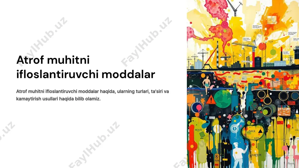 ish neft va neft mahsulotlarini qayta ishlash jarayonida to'kilish xavfi mavjud. 1.7.2013 5 ‹#› kimyoviy og'itlar kimyoviy og'itlar tuproq unumdorligini oshirish uchun ishlatiladi, ammo ular suv va tuproqni ifloslantirishi mumkin. suv ifloslanishi kimyoviy og'itlar suv havzalariga oqib kirib, suvni ifloslantirishi mumkin. tuproq ifloslanishi kimyoviy og'itlar tuproq tarkibini o'zgartirib, o'simliklarning o'sishiga ta'sir qilishi mumkin. 1.7.2013 6 ‹#› pesticidlar pesticidlar zararkunandalarni nazorat qilish uchun ishlatiladi, ammo ular atrof muhitni va inson salomatligini ifloslantirishi mumkin. 1 zararkunandalar 2 pesticidlar 3 atrof muhit ifloslanishi 4 inson salomatligi 1.7.2013 7 ‹#› radioaktiv moddalar radioaktiv moddalar atom energiyasi ishlab chiqarish, tibbiyot va boshqa sohalarda ishlatiladi, ammo ular atrof muhitni ifloslantirishi mumkin. 1 atom qurollari 2 atom energiyasi 3 tibbiyot 4 radioaktiv chiqindilar 1.7.2013 8 ‹#› sanoat chiqindilari sanoat chiqindilari fabrikalar, zavodlar va boshqa ishlab chiqarish korxonalaridan chiqadi va havo, suv va tuproqni ifloslantirishi mumkin. 10 tonnalab chiqindilar har kuni millionlab tonna sanoat chiqindilari hosil bo'ladi. 50% …