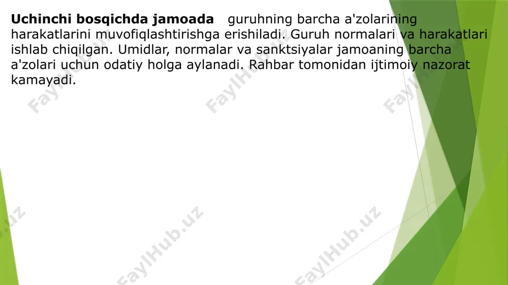 rsiz qaraydilar. jamoa a’zolarining uzluksiz ijodiy faoliyatini tashkil qilish va ularni muayyan (yagona) maqsad atrofida birlashtirishga erishish orqaligina jamoa qaror topadi. o’quvchilarning jamoa faoliyatida ishtirok etishi tufayli asta sekin boyib boradigan tajriba, faoliyat natijasini birgalikda muhokama qilish, qilinajak ishlarni rejalashtirish jamoa a’zolarida mas’uliyat, javobgarlik, faoliyat biriligi, shuningdek, ishchanlik munosabatining paydo bo’lishi, shuningdek, o’quvchilarda jamoa faoliyatiga nisbatan qiziqishni paydo bo’lishiga olib keladi. bolalarning jamoa faoliyatini tashkil etish borasdagi tajribaga ega emasliklari bois so’z yuritilayotgan bosqichda o’qituvchining asosiy maqsadi jamoa a’zolarini oddiy tarzda uyushtirishdan iborat bo’ladi. ushbu bosqichda o’qituvchining talabchanligi, jamoaning barcha a’zolariga birday talabni qo’ya olishi, u tomonidan qo’yilayotgan talabning qat’iyligi, izchilligi hamda murosasizligi muhim omil hisoblanadi o’quvchilarning tashqi qiyofasi, kiyinishi, yurish-turishi hamda muomalasiga nisbatan qo’yilayotgan talablar, ularda ma’naviy madaniyatni shakllantirishga xizmat qilishi shart. o’quvchi qo’yilayotgan talablar hajmi va tizimini bilibgina qolmasdan, talab qo’yish metodikasini ham o’zlashtira olgan bo’lishi kerak. o’quvchilar jamoasiga nisbatan talablarni qo’yish metodikasi bolalarni talablar mazmuni bilan tanishtirish, …