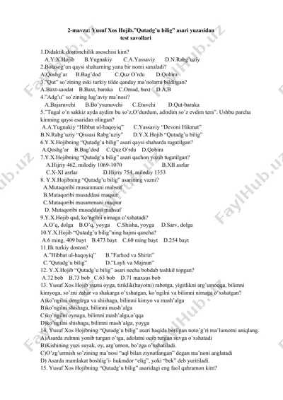 "qutadg’u bilig” asari yuzasidan test savollari — DOCX