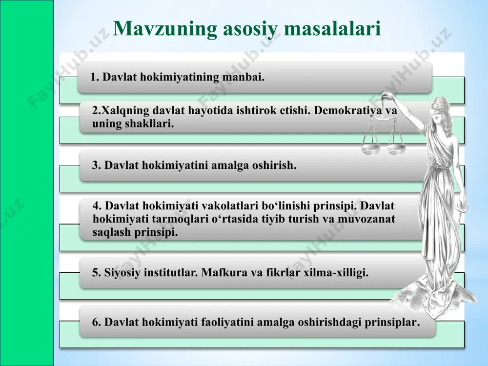 t hokimiyat xalqqa tegishliligini bildiradi. bunda hokimiyat nafaqat xalqqa tegishli, balki hokimiyatning o‘zi xalqdan vujudga kelishi, uning yagona manbai xalq ekanligi bilan xarakterlanadi. o‘zbekiston – demokratik davlat. bu xalq hokimiyati amal qilishini bildiradi. davlat siyosiy hokimiyatini amalga oshirar ekan, xalqdan vakolat oladi. konstitutsiyaning “xalq hokimiyatchiligi” bobida “xalq davlat hokimiyatining birdan-bir manbaidir”, – deb belgilangan (7-modda). xalq davlat hokimiyatini amalga oshiruvchi organ va mansabdor shaxslarni saylashda, tayinlashda bevosita yoki vakillari orqali ishtirok etadi. ular xalq oldida mas’uliyatli hisoblanadi. vakolatni xalqdan olgach, o‘zlarining faoliyatini xalq manfaatlariga xizmat qilishga qaratadi. o‘zbekistonda davlat faoliyati ustidan jamoatchilik nazoratini kuchaytirishga qaratilgan yo‘l ham xalq hokimiyatini kuchaytirishga qaratilgandir. xalqning xohish-istagi davlat siyosatini belgilashda hal qiluvchi o‘rin egallaydi. o‘zbekiston respublikasida, barcha demokratik davlatlar singari, davlat hokimiyati xalq manfaatlarini ko‘zlab va respublika konstitutsiyasi hamda uning asosida qabul qilingan qonunlar vakolat bergan idoralar tomonidangina amalga oshiriladi (7-modda). konstitutsiyamizning 7-moddasida: “konstitutsiyada nazarda tutilmagan tartibda davlat hokimiyati vakolatlarini o‘zlashtirish, hokimiyat idoralari faoliyatini …
