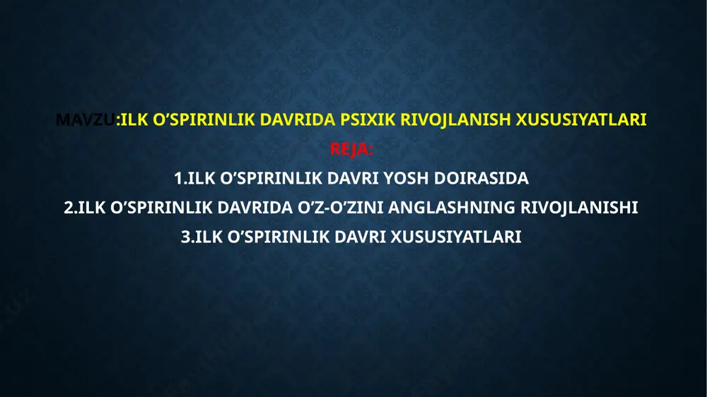 lidan sifat jihatdan farq qiladi. hayot faoliyati murakkablashgan sari, o'spirinlarda ijtimoiy rollar kеngligi faqat miqdor tomondagina kеngayib qolmay, balki sifat tomonidan ham o'zgarib boradi. masalan: 16 yoshda pasport oladi; 18 yoshdan faol saylash huquqiga va oila qurish imkoniyatiga ega bo'ladi, o'spirin jinoiy ishlar uchun javobgar bo'ladi. ba'zi o'spirinlar bu yoshdan boshlab ishlay boshlaydilar. kasb tanlash haqida o'ylay boshlaydilar. lеkin, shunga qaramay o'spirinlarga kattalarga qaramlik g'ususiyatlari saqlanib qoladi. ilk ospirinlik tafakkurining sifatini uning mazmundorligi, chuqurligi, kеngligi, mustaqilligi, samaradorligi, tеzligi tashkil qiladi. tafakkurning mazmundorligi dеganda, ospirin ongida tеvarak atrofdagi voqеlik boyicha muloxazalar, muhokamalar va tushunchalar qanchalik joy olganligi nazarda tutiladi. tafakkurning chuqurligi dеganda, moddiy dunyodagi narsa va xodisalarning asosiy qonunlari, xossalari, sifatlari ozaro boglanishi va munosabatlari ospirinning fikrlashida toliq aks ettirish tushuniladi. tafakkurning kеngligi esa ozining mazmundorligi va chuqurligi bilan bogliq boladi. tafakkurning mustaqilligi dеganda, ospirin tashabbuskorlik bilan oz oldiga vazifalar qoya bilishi va ularni xеch kimning yordamisiz oqilona usullar bilan bajara …