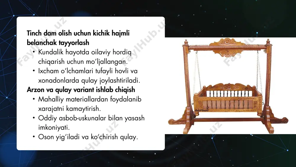 og‘ va hatto balkonlarda ham ishlatish mumkin. arzon va oddiy materiallardan tayyorlash imkoniyati mavjud. 🌱 tabiiy materiallardan foydalanishning foydasi yog‘och — ekologik toza va sog‘lom material. atrof-muhitga zarar yetkazmaydi. estetik jihatdan chiroyli va inson ruhiyatiga ijobiy ta’sir ko‘rsatadi. xulosa let's work together to harness the power of ai in education while upholding ethical principles. thank you image1.png image2.png image3.png image4.png image5.png image6.png image7.png image8.png image9.png image10.png /docprops/thumbnail.jpeg