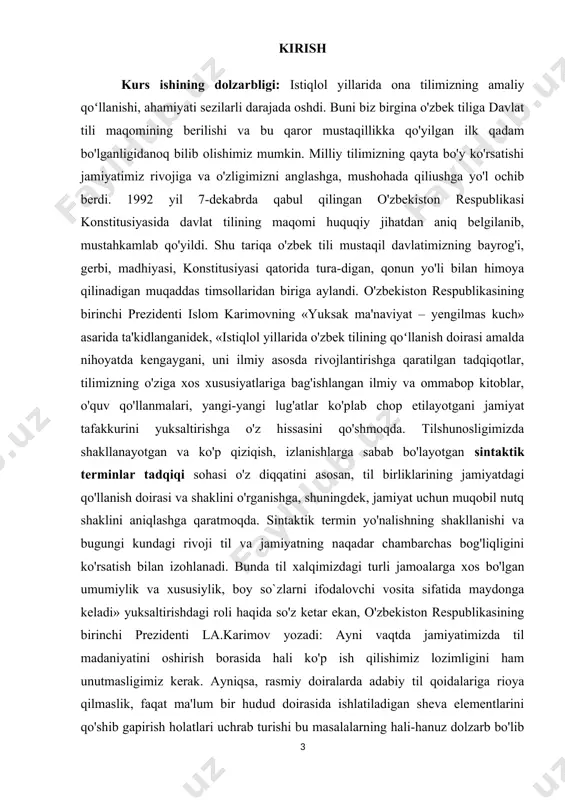 xizmat qiladigan amaliy ishlar qilish kerak. ana shunday amaliy tarbiya omillaridan biri so`zlarni to`g`ri qo`llay olishdir. shu bilan birgalikda tilshunosligimizda shakllanayotgan sintaktik terminlar tadqiqi yo'nalishi tilni jamiyat hayotida tutgan o'rnini ochib bermoqda. mazkur ilmiy ishning dolzarbligi mustaqillik davri o'zbek nutqining sintaktik termin xoslanishi yosh, jins jihatlari tomonidan ochib berilgan. tilshunosligimizning shakllanajak sintaktik terminlar tadqiqi yo'nalishi asosiy diqqatini til birliklarining jamiyat orasida qanday ahamiyatga ega ekanligini, asosan, nutqning sintaktik xoslanishidagi o'zaro o'xshashliklar va tafovutlar asosida tekshirishdir. tilning ijtimoiy xoslanishiga bag'ishlangan mazkur kurs ishi ilg'or tajribalarga tayanilgan holda ijodiy rivojlantirildi,milliy tilimiz imkoniyatlari doirasida tahlil qilindi va xalqimizdagi mavqesi, jinsi, yoshi xoslanganligi jihatidan farqlanuvchi kishilar nutqidan olingan ayrim misollar bilan boyitildi. ishda jamiyat a'zolarining til imkoniyatlaridan foydalanish holati, adabiy til, jonli so'zlashuv tilining sintaktik termin mohiyati, nutq madaniyati asoslari kabi masalalarni keng ravishda yoritib berish asosida o'zbekona nutqni yaratishga bog`liq bo`lgan izlanishlar xususan keyingi yillarda bu boradagi tadqiqotlar ko'lami ancha kengaydi. mavzuning o'rganilganlik …