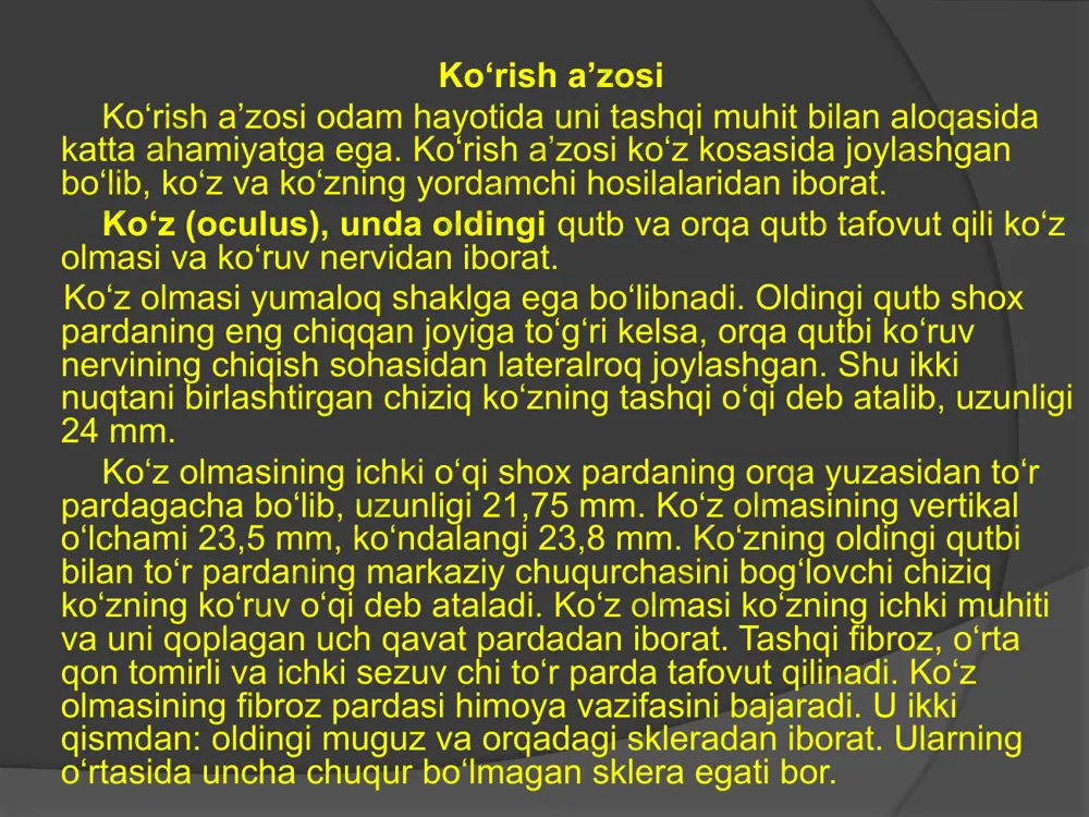 qismi bo‘lib, muguz pardani skleraga o‘tish sohasida aylana shaklida joylashgan. uning orqa qismi kiprikli aylana xususiy tomirli pardaga o‘tib ketadi. kiprikli tananing oldingi qismi 70 ga yaqin radiar yo‘nalgan uzunligi 3 mm bo‘lgan kiprikli o‘simtalar hosil qiladi. kiprikli tana ichida tolalari meridonial, radiar, bo‘ylama va aylanma yo‘nalishdagi silliq mushak tolalaridan iborat kiprikli mushak joy lashgan. bu mushak qisqarganida ko‘zni akkomodatsiya qiladi. xususiy qon tomirli parda ko‘z olmasining o‘rta qavatini orqa katta qismini tashkil qiladi. xususiy qon tomirli parda bilan sklera o‘rtasida tomirlar atrofidagi oraliq bor. ko‘z olmasining ichki pardasi yoki to‘r parda nur sezuvchi qismi bo‘ lib, qon tomirli pardani ichki tomonidan qoplab turadi. to‘r pardada tashqi pigmentli qavat va ichki murakkab tuzilgan nur sezuv chi qavat tafovut qilinadi. nur sezish faoliyatiga qarab orqa katta nur sezuvchi hujayralar (tayoqchalar va kolbachalar) joylash gan ko‘ruv qismi va oldingi kichik ko‘ruv hujayralari bo‘lmagan ko‘r qismiga bo‘linadi. to‘r pardaning orqa qismiga ko‘z olmasining …