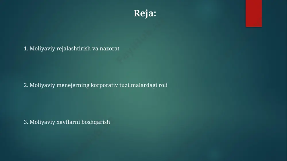 nlaydi. investitsiyalarni boshqarish samarqanddagi bir yirik kompaniyada moliyaviy menejerning investitsion qarorlari natijasida 2022 yilda kompaniyaning sof foydasi 15% ga oshdi, bu esa 3 million aqsh dollariga teng. moliyaviy menejerlar 2023 yilda toshkentdagi kompaniyalar uchun 10% dan yuqori daromad keltiruvchi investitsiyalar portfelini shakllantirishda muhim rol o'ynaydi, bu esa inflyatsiya xavfini kamaytiradi. xalqaro standartlarga muvofiq, moliyaviy menejerlar investitsiyalarni baholashda 5 ta asosiy ko'rsatkichni (irr, npv, payback period va boshqalar) hisobga olgan holda, minimal xavf bilan maksimal daromad olishga intiladi. soliqlarni boshqarish samarqand viloyatidagi korxonalar uchun moliyaviy menejerlar soliqlarni to'lash muddatlarini nazorat qilish orqali 2024 yil uchun soliq jazo va penyalarini 25% ga kamaytirishni ta'minlaydi. korporativ tuzilmalarda soliqlarni optimallashtirish uchun moliyaviy menejerlar soliq kodeksining 30-bo'limiga muvofiq, 5 yildan ortiq muddatga mo'ljallangan investitsiyalar bo'yicha soliq imtiyozlarini qo'llaydilar va soliq to'lovlarini 10% ga kamaytiradilar. moliyaviy menejerlar 2023 yilda toshkentda joylashgan korxonalarning soliq majburiyatlarini hisoblashda xalqaro standartlarga (ifrs) muvofiq 15% dan yuqori daromad solig'ini kamaytirish strategiyasini …