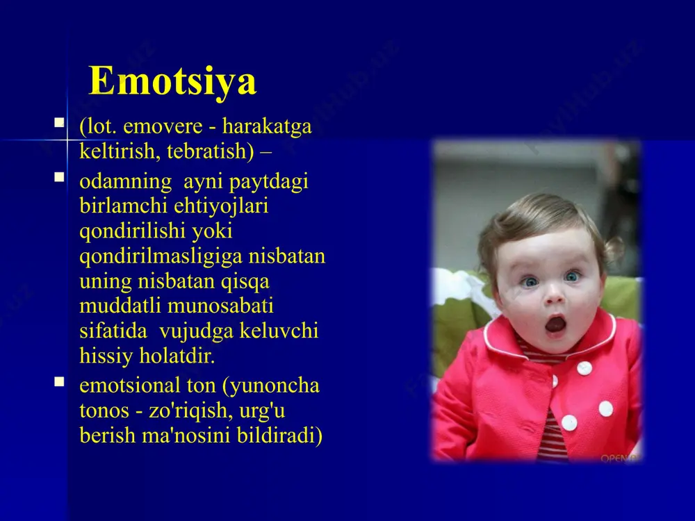 qur larzaga keltiradigan his-tuyg`ular oqibatidagi emosional holat. ular kuchli psixik zur berishlarda: xavf - xatar vaqtida, ortiqcha jismoniy va aqliy mehnat qilishda, faoliyatning juda qiyin va mas`uliyatli damlarida vujudga keladi. add your company slogan logo frustrasiya tushkunlik, ma’lum maqsadga erishishda umidlarning parchalanishi bilan kechadigan inson muvaffaqiyatsizligining emotsional og`ir kechinmasi. bunday paytda odam tajang, jahldor bo`ladi. oqibatda odam nevroz kasaliga duchor bo`ladi. add your company slogan logo hissiyot hissiyot arabcha “hissiyatun” – so`zidan olingan bo`lib, sezish, his qilish ma’nolarini anglatadi. add your company slogan logo xviii-xix asrlardan keyin intellektuallashtirish nuqtai nazari tarafdori i.f.gerbart – hissiyotlarning organik ifodalanishlari – bu psixik hodisalarning oqibati haqidagi dalildir va bunda tasavvur fundamental psixologik dalil hisoblanadi, degan fikrni ilgari surgan. v.vundt fikricha, psixik jarayonlar ma’lum organik o`zgarishlarni keltirib chiqaradi. add your company slogan logo 1872-yilda “inson va hayvonlarda hissiyotlarning ifodalanishi” asarini chop etdi. unga ko`ra, hayvon va odam xulq-atvori o`rtasida umumiyliklar mavjud. u o`z fikrini hayvonlar …