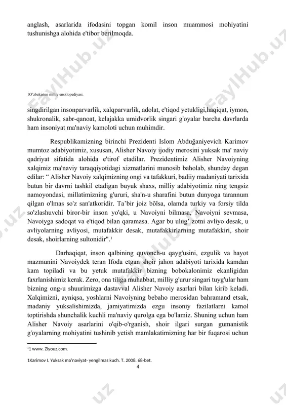 ligidan faxrlanishimiz kerak. zero, ona tiliga muhabbat, milliy g'urur singari tuyg'ular ham bizning ong-u shuurimizga dastavval alisher navoiy asarlari bilan kirib keladi. xalqimizni, ayniqsa, yoshlarni navoiyning bebaho merosidan bahramand etsak, madaniy yuksalishimizda, jamiyatimizda ezgu insoniy fazilatlarni kamol toptirishda shunchalik kuchli ma'naviy qurolga ega bo'lamiz. shuning uchun ham alisher navoiy asarlarini o'qib-o'rganish, shoir ilgari surgan gumanistik g'oyalarning mohiyatini tushinib yetish mamlakatimizning har bir fuqarosi uchun g'oyatda muhimdir. shuni e'tiborga olgan holda universitetlarimizning barcha fakultetlarida “alisher navoiy hayoti va ijodi" nomli tanlov fani ham ma'lum muddat o'qitildi. shoir asarlari bilan yaqindan tanishib, uning ezgu ideallarini o'z ongi va shuuriga singdirilgan barkamol avlod vakillari qaysi ixtisoslik egasi bo'lishiga qaramasdan, biz qurayotgan erkin va farovon fuqarolik jamiyati, ozod va hur millatimiz kelajagi uchun fidoyi inson bo'lib yetishishiga ishonamiz. o'zbekiston respublikasining birinchi prezidenti islom abdug'aniyevich karimov so'zlagan bir nutqlarida shunday degan edilar: “bugun hech kimga sir emaski, biz yashayotgan xxi asr- intellektual boylik hukmronlik qiladigan …