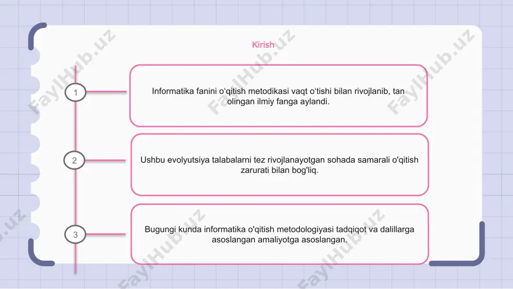 rilgan dasturlashning integratsiyalashuvi informatika fanini o‘qitishda inqilob qildi. informatika ta'limida loyiha asosida o'qitishning paydo bo'lishi informatika fanini o‘qitish metodikasi yillar davomida rivojlanib, ilmiy va tadqiqotga asoslangan bo‘ldi. informatika ta'limining asosiy rivojlanishi o'quvchilarga o'z bilimlarini real muammolarni hal qilishda qo'llash imkonini beradigan loyiha asosidagi ta'limning paydo bo'lishidir. loyihaga asoslangan ta'lim - bu tanqidiy fikrlash, muammolarni hal qilish va hamkorlik qilish ko'nikmalarini rivojlantiruvchi talabaga yo'naltirilgan yondashuv. 1 2 3 informatika fanini masalalar yechish orqali o’rgatish informatika o‘qitish metodikasi yillar davomida rivojlanib, fan sifatida tan olindi. bu muammoni hal qilish orqali informatika tushunchalarini o'rgatishga qaratilgan. ushbu yondashuv talabalarga nazariy tushunchalarni haqiqiy muammolarga qo'llash orqali tushunishga yordam beradi. muammolarni yechish usullarini qo‘llash orqali o‘quvchilarda tanqidiy fikrlash ko‘nikmalari shakllanadi va informatika fanidan chuqurroq tushunchaga ega bo‘ladi. informatika o`qitish metodikasida algoritmlarning o`rni informatika fanini o'qitish metodikasi tarixi fan sifatida o'qitish usullarining yillar davomida rivojlanishini ko'rsatadigan qiziqarli sayohatdir. informatika o'qitish metodikasining muhim jihatlaridan biri algoritmlarning rolidir. algoritmlar …