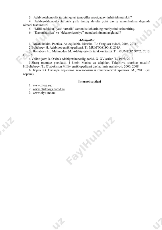 gi arastu hakimning asarlari yaratilgunga qadar kechgan falsafiy-estetik qarashlar nazarda tutiladimi, sharq mumtoz poetikasiga asos bo‘lgan adabiy manbalar asos qilib olinadimi – bulardan qat’i nazar hali sof adabiyotshunoslik manbalari shakllanmagan, adabiy-nazariy qarashlar mifik, diniy, tarixiy, siyosiy va boshqa yo‘nalishdagi asarlar tarkibida kelgan “arxaik zamon” nazarda tutilgan. bu o‘rinda adabiy davr chegarasini qandaydir tarixiy voqealar yoki siyosiy hodisalar asosiga emas, adabiy hodisaga aylangan asarlar yoki adabiy siymolar ijodi asosida belgilash mumkin. adabiyotshunoslikda mifik tafakkur manbalari, tarixiy va diniy yodgorliklar tarkibidagi adabiy-nazariy tasavvurlar ham adabiyot tarixining ilk bosqichi sifatida qaraladi. shu jihatdan, ilk adabiy ta’lim o‘choqlari bo‘lmish misr, shumer, hindiston va xitoydagi yodgorliklar tarkibidagi nazariy qarashlar, «bilgamish» (shumer), “rigveda”, “mahobhorat”, “ramayana” (hind) asarlarida bayon qilingan fikrlarga ham adabiyotshunoslik manbalari sifatida qaraladi. xitoyda konfutsiy ta’limoti, osiyo mamlakatlarida budda, moniylik va boshqalar diniy inonchlar tarkibida ham muayyan ma’noda estetik-axloqiy qarashlar mujassamlangani ma’lum. [2: аверинцев с.с., андреев м.л., гаспаров м.л., гринцер п.а., михайлов а.в. категории …