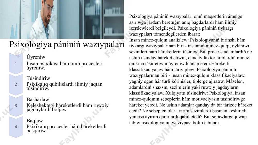 siniw arqalı adamlardıń turmıs sapasın jaqsılawǵa járdem beredi. psixologiya páni keleshekte keńeyiw hám rawajlanıw potencialına iye. jana texnologiyalar, ilimiy jantasıwlar hám global sociallıq ózgerisler psixologiyanıń keleshegin qáliplestiredi. sonday-aq, psixologiya insannıń ózine tánlikleri, minez-qulqı, sezimleri hám sanasın tereńirek túsiniw arqalı adamlardıń turmıs sapasın jaqsılawǵa járdem beredi.psixologiya páni keleshekte keńeyiw hám rawajlanıw potencialına iye. jana texnologiyalar, ilimiy jantasıwlar hám global sociallıq ózgerisler psixologiyanıń keleshegin qáliplestiredi. sonday-aq, psixologiya insannıń ózine tánlikleri, minez-qulqı, sezimleri hám sanasın tereńirek túsiniw arqalı adamlardıń turmıs sapasın jaqsılawǵa járdem beredi. solay etip, psixologiya páni insandı, onıń pikirlew proceslerin, sezimlerin hám minez-qulqın, sonday-aq, hár qıylı ortalıq hám sharayatlarda insannıń qanday múnásibette bolıwın túsiniwge qaratılǵan ilimiy hám ámeliy maqsetlerge iye. 1. "psixologiya" - d. g. myers 2. "introduction to psychology" - james w. kalat 3. "the principles of psychology" - william james 4. "psixologiya: the science of behavior" - neil r. carlson 5. "introduction to psychology" - charles stangor 6. "social …