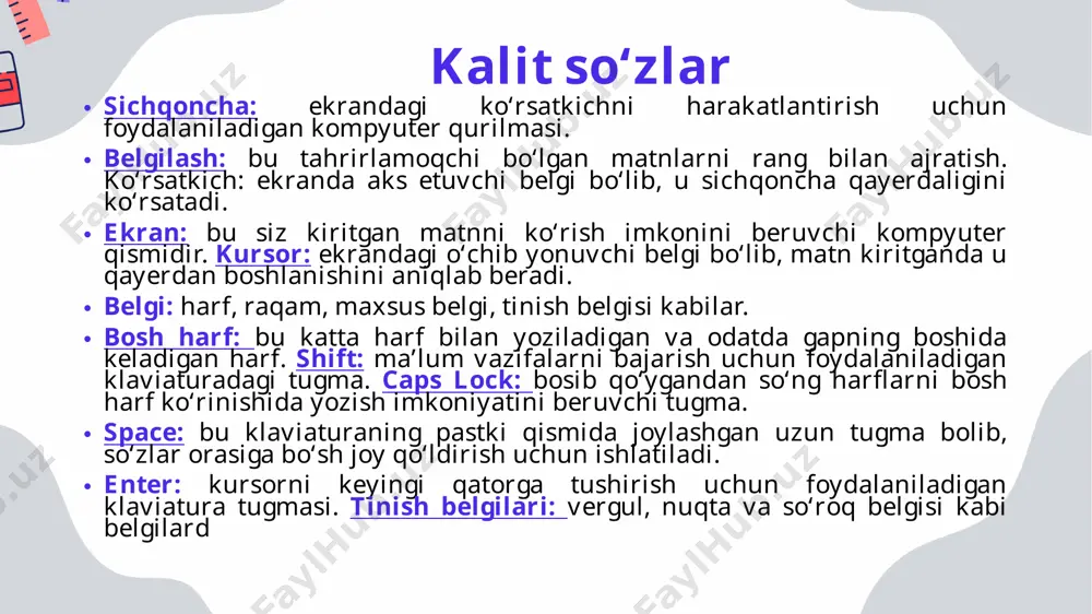 rakli harf va belgilar joylashgan tugmalarni tanlashingiz kerak. bir necha turdagi tugmalar yordamida qanday yozishni o‘rganib olishingiz kerak. soʻz yozish soʻz yozish uchun shu soʻzga kerakli boʻlgan harflar klaviaturadan topiladi va kerakli ketma-ketlikda bosiladi. har bir harf soʻz yasash uchun ekranda yozilishni boshlaydi. shuningdek, harflar belgilar deb ham ataladi. gap yozish uchun birinchi soʻzni kiritganingizda yoki bitta so‘z kiritganingizda, soʻzning birinchi harfi bosh harfga oʻzgarganini koʻrishingiz mumkin. odatda microsoft word har bir gapning birinchi harfini bosh harfga avtomatik ravishda almashtiradigan qilib sozlangan bo‘ladi. bosh harflarda yozish harfni bosh harf ko‘rinishiga o‘tkazish uchun shift tugmasini bosib ushlab turing, keyin bosh harfda yozmoqchi boʻlgan harfni kiriting. harfni yozib boʻlganingizdan keyin shift tugmasini qo‘yib yuborasiz. bittadan koʻp harfni bosh harf bilan yozish uchun caps lock tugmasidan foydalanish mumkin. agar bu tugma bir marta bosib qo‘yilsa, kiritilgan har bir harf caps lock tugmasini qayta bosgunga qadar bosh harfda yoziladi. soʻz va gaplar orasida boʻsh …