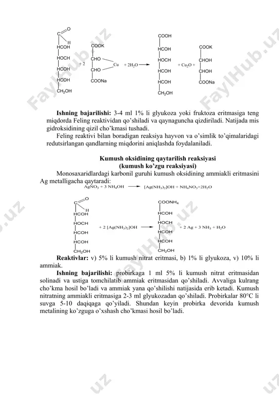 di: 1) 500 ml hajmli kolbada 34,64 g mis sulfat (cuso4.5h2o) eritiladi va suv bilan o’lchov ko’rsatgichiga yetkaziladi. 2) 200-250 ml suvda 173 g segnet tuzi (cook-choh-choh-coona.4h2o) eritiladi. eritma 500 ml li kolbaga solinadi. uning ustiga 50 g natriy ishqori eritilgan 100 ml suv qo’shiladi va belgilangan joygacha suv solinadi. eritmalar alohida saqlanadi va ishlatilishi oldidan 2 ta eritma teng miqdorda qo’shiladi. ishning bajarilishi: 3-4 ml 1% li glyukoza yoki fruktoza eritmasiga teng miqdorda feling reaktividan qo’shiladi va qaynaguncha qizdiriladi. natijada mis gidroksidining qizil cho’kmasi tushadi. feling reaktivi bilan boradigan reaksiya hayvon va o’simlik to’qimalaridagi redutsirlangan qandlarning miqdorini aniqlashda foydalaniladi. kumush oksidining qaytarilish reaksiyasi (kumush ko’zgu reaksiyasi) monosaxaridlardagi karbonil guruhi kumush oksidining ammiakli eritmasini ag metalligacha qaytaradi: reaktivlar: v) 5% li kumush nitrat eritmasi, b) 1% li glyukoza, v) 10% li ammiak. ishning bajarilishi: probirkaga 1 ml 5% li kumush nitrat eritmasidan solinadi va ustiga tomchilatib ammiak eritmasidan qo’shiladi. avvaliga …