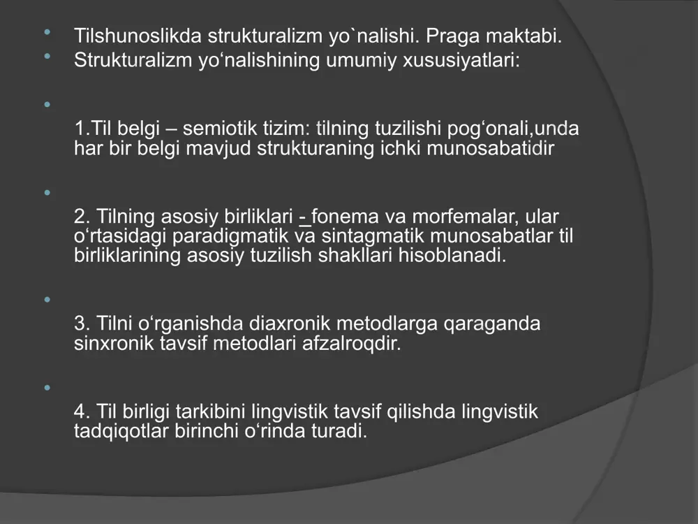 hirish ob`ekti tildir. 2. til muayyan munosabatda bo`lgan, o`zaro bog`liq, bir – birini talab qiladigan belgilar, elementlar sistemasidir. 3. til sinxron tadqiqot ob`ektidir. 4. til alohida yaruslardan tashkil topgan strukturadir. 5. til va nutq farqlidir. 6. fonema - til birligi, tovush nutq birligidir va boshqalar. garchi til-nutq dixotomiyasi f.de sossyurgacha v.gumboldt, yosh grammatikachilar maktabi va boduen tomonidan bayon qilingan bo'lsa ham, lekin f.de sossyur uni lingvistik sistemasining markaziga aylantirdi. xolodovichning e'tirof etishiga ko'ra, sossyurning bu dixotomiyasiga murojaat etmagan biron bir fikrlovchi lingvist topilmasa kerak . sossyurning ftkricha, nutqiy faoliyatning ikki tomoni mavjud: individual va sotsial. ulami bir-birisiz tasavvur qilish mumkin emas. «til» nima degan savolga javob berar ekan, u «til» tushunchasiga «llutqiy jaoliyat» tushunchasi teng kelmasligi, «ti/» «nutqiy jaoliyat>>ning bir qismi, fekin eng muhim qismi ekanligini, u sotsial mahsulot ekanligi, u yoki bu til egalarining har biri xotirasida mavjud bo '{gan nutqiy jao/iyatga kirishish imkoniyati ekanligini ta'kidlaydi f.de sossyur tilning …