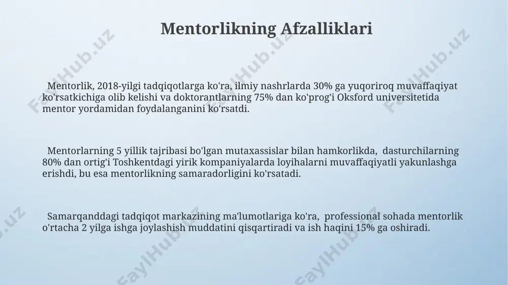 iqtisodiyotga 5% ga qo'shimcha o'sish keltirib chiqarishi mumkin. o’z tajribangizdan foydalanish mening 10 yillik it sohasidagi tajribam shuni ko'rsatadiki, samarqanddagi 2 ta startap kompaniyasida mentor sifatida ishtirok etganim tufayli, ularning muvaffaqiyat ko'rsatkichlari 40% ga oshgan. aqshdagi stanford universitetida o'tkazilgan tadqiqotlar shuni ko'rsatdiki, mentorlik dasturlari ishtirokchilari o'rtacha 15% ga yuqori maosh oladilar va 2-3 yil tezroq yuqori lavozimlarga ko'tariladilar. 20 yillik tajribam davomida, toshkentdagi 5 ta yirik kompaniyada ishlaganimda, yosh mutaxassislarga mentorlik qilib, ularning 30% dan ortig'i martaba pog'onasida sezilarli yutuqlarga erishgan. muvaffaqiyatli mentor-shogird munosabatlari yaxshi mentorlarning 85 foizi, jahon bankining 2022 yildagi hisobotiga ko'ra, o'z shogirdlariga kamida 5 ta muhim ko'nikmani o'rgatishga harakat qiladi. muvaffaqiyatli mentor-shogird munosabatlarining 70% dan ortig'i, 2018 yilda o'zbekiston milliy universiteti tadqiqotiga ko'ra, o'zaro ochiq muloqot va ishonchga asoslangan. samarali mentorlik 3 yildan kam bo'lmagan davom etadigan hamkorlikni, masalan, aqshning silikon vodiysi kompaniyalarida keng tarqalgan amaliyot sifatida, namoyish etadi. mentor va shogirdning rol va mas’uliyatlari mentor …