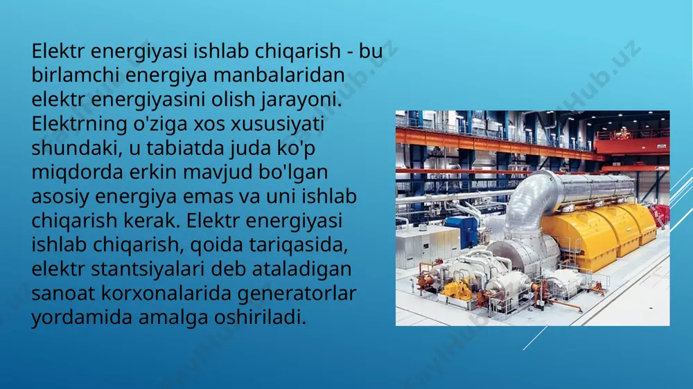 bo'lib, u elektr energiyasini ishlab chiqarish uchun suv oqimining kinetik energiyasidan foydalanadi. bu hududdagi energiya ishlab chiqarish korxonalari daryolarda qurilgan gidroelektr stansiyalar (ges) hisoblanadi. gesning konstruktiv xususiyatlari: a - suv ombori, b - turbinali bino, c - gidravlik turbina, d - elektr generatori, e - suv olish, f - suv oqimi (penstok), g - elektr uzatish liniyasi, h - daryo tubi e’tiboringiz uchun rahmat ! university of management and future technologies image1.jpeg image2.png image3.jpeg image4.jpeg image5.png