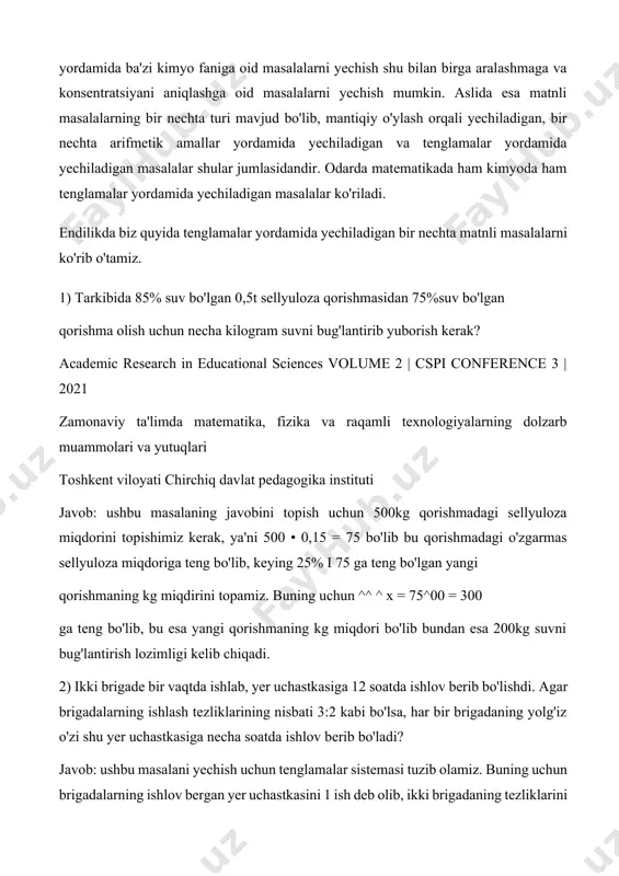 r – biridan ajralmaydi. diplom ishimizning asosiy mavzusi o`quvchilarni masalalarni yechishning arifmetik usuli haqida bo`lganligidan bu tushunchani ta`riflaylik: arifmetik usul masalani hech qanday formula yoki tenglama ishlatmasdan, erkin ravishda mulohaza qilish yo`li bilan savollar bo`yicha tadrijiy suratda yechimi usulidir. o`quvchilar masalani arifmetik usul bilan yechishda hisoblashlar bilan cheklanib qolmasdan, boshqa usullarga qaraganda ko`proq mulohaza yuritishlari kerak bo`ladi. biz maktablarda o`tkazgan pedamaliyot jarayonida shu narsani kuzatdikki, 5-6- sinflarda dars beruvchi o`qituvchilar bu usulga kam ahamiyat beradilar, o`quvchilarni mulohaza qilishga o`rgatmaydilar, tenglamalarga erta o`tadilar, buning natijasida o`quvchilar masalalarni tenglamalar yordamida yechishga odatlanib qoladilar. endi masalalar yechishning eng muhim bosqichlarini ko`rsatib o`taylik: 1) masalaning shartini o`rganish va o`zlashtirish; 2) masalaning shartini yozish; 3) analitik – sintetik taxlil qilish; 4) masalaning yechilishini savollar asosida yoki izohli yechimini yozish; 5) yechimni tekshirish; 6) masala yechilgandan keyin uning ustida ishlash; bu bosqichlarning har biri, agar o`qituvchilar jiddiy o`ylab qarashsa masalani yechish jarayonini yengillashtiradi va masalaning yaxshi …