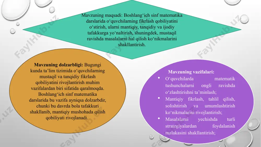 mazmuni: o‘quvchilar “sayyohlar” sifatida muzey bo‘ylab “sayohat” qilishadi. har bir qavatda ular masalani yechish uchun matematik vazifani bajaradilar. 1-usul: qo‘shish va ayirish orqali • umumiy eksponatlar soni: 67 ta • 1-qavat: 28 ta • 2-qavat: 21 ta • birinchi va ikkinchi qavatda jami: 28 + 21 = 49 ta • uchinchi qavat: 67 – 49 = 18 ta sahna tasviri: o‘quvchilar birinchi qavatga kirib “28 eksponatni sanashadi”, ikkinchi qavatda esa yana 21 tani ko‘rishadi. so‘ng “yo‘l boshlovchi” ulardan so‘raydi: “endi qanchasi qolib ketdi?” — ular umumiy sonni ayirish orqali topadilar. uyga vazifa. uzunligi 4 santimetr bo‘lgan ab kesma chizing. kesmaning boshidan to‘g‘ri burchak ostida yuqoriga 3 santimetr o‘lchang va с nuqtani qo‘ying. b va с hamda в va a nuqtalarni tutashtiring. qanday shakl paydo bo‘ldi? perimetrini toping. xulosa va tavsiyalar boshlang‘ich sinf matematika darslari bolalarning tafakkurini shakllantirishda, ularning mantiqiy fikrlash, taqqoslash, umumlashtirish, tahlil qilish va xulosaga kelish qobiliyatlarini rivojlantirishda asosiy …