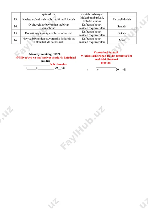o‘quv ishlari bo‘yicha prorektor _______________n.raxmankulova «___» ____________ 20___ yil yunusobod tumani 9-ixtisoslashtirilgan davlat umumta’lim maktab direktori ________________m.a.maksudbekova «___» ______________ 20__ yil nizomiy nomidagi toshkent davlat pedagogika universiteti «milliy g‘oya va ma’naviyat asoslari» kafedrasining yunusobod tumani 9-ixtisoslashtirilgan davlat umumta’lim maktab bilan №_____sonli shartnomaga muvofiq 2021/2022 o‘quv yiliga mo‘ljallangan hamkorlik ish rejasi bajariladigan ishlar ma’sullar o‘tkazish muddati i. o‘quv, metodik ishlar 1. milliy g‘oya, ma’naviyat asoslari va huquq ta’limi yo‘nalishi talabalarining malakaviy amaliyotlarini tashkil etish va o‘tkazish fakultet dekani, kafedra mudiri, maktab direktori ta’lim yo‘nalishining o‘quv rejasi asosida 2. kafedra professor-o‘qituvchilari tomonidan maktabdagi milliy g‘oya , ma’naviyat asoslari va huquq ta’limi fanlari bo‘yicha “mahorat maktablari” faoliyatini va mahorat darslarini tashkil etish kafedra a’zolari, maktab fan o‘qituvchilari milliy g‘oya, ma’naviyat asoslari va huquq ta’limi fani oyligida 3. maktab o‘quvchilarini fan olimpiadalari va bilimlar bellashuviga tayyorlash ishlarida ishtirok etish kafedra a’zolari, maktab fan o‘qituvchilari o‘quv yili davomida 4. ochiq darslarda ishtirok etish kafedra a’zolari, …