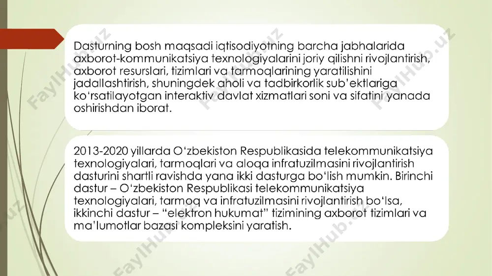 boshqa turdagi hisobotlarni shakllantirishlari va yuborishlari, turli to'lovlarni amalga oshirishlari,turli ma'lumotlarni olishlari va boshqa turdagi interaktiv davlat xizmatlaridan foydalanishlari mumkin. respublikamizda "elektronhukumat"ni yanadarivojlantirish va takomillashtirish, interaktiv davlat xizmatlarini takomillashtirish maqsadida vazirlik va idoralar bilan hamkorlikda tadbirkorlik sub'ektlari uchun quyidagi xizmatlarni joriy etish uchunchora-tadbirlarni ishlab chiqish topshirilgan internet orqali davlat xizmatlarini ko‘rsatishni takomillashtirish; e-hukumat tizimining idoralararo munosabatlarini takomillashtirish va biznes jarayonlarni modernizatsiyalash (bjm)ning samarali mexanizmlarini joriy qilish; «elektron hukumat» tizimini rivojlantirish markazi salohiyatini mustahkamlash orqali e-hukumatning institutsional taraqqiyotini kuchaytirish. kutilayotgan natijalar: 1-natija. internet orqali davlat xizmatlarini ko‘rsatish sifati oshdi (front-ofis) 2-natija. e-hukumatning idoralararo muvofiqligi yaxshilandi va bjmning samarali mexanizmlari joriy qilindi (bek-ofis) 3-natija. mamlakatda e-hukumatni institutsional takomillashtirish ishlari «elektron hukumat» tizimini rivojlantirish markazi salohiyatini ko‘tarish orqali amalga oshirildi. (barqarorlik)