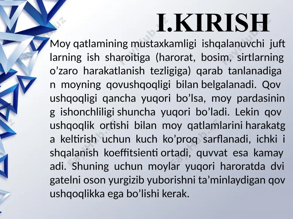 jasida moylar tarkibida avval uchramagan kislotalar, smolalar, asfalt moddalari hosil bo’ladi. bunda moyning tashqi ko’rinishi xiralashibgina qolmasdan, uning fizikimyoviy xosslari xam o’zgaradi, natijada porshen va xalqalarida lak-qurum hosil bo’lishiga olib keladi. 2.moylarning harorat ta’siriga chidamlik xossalari oksidlanish jarayoni boshlanishida moyda èrigan holatdagi birikmalar (smolalar, kislotalar) hosil bo’ladi. keyinchalik ular èrimaydigan moddalarga aylanadi. moyning oksidlanish maxsullari va iflosliklarini èrimagan holatda tutib, dvigatel detallarining kerakli tozaligini ta’minlash qobiliyati uning yuvish xossalari deb ataladi. moy ko’p fraktsiyali suyuqlik bo’lganligi sababli muayyan haroratda suv kabi muzlamaydi, balki sekinasta quyuqlashadi. moyning harakatlanish qobiliyatiyo’qolishiga olib keladigan harorat qotish temperaturasi deyiladi. qotish harorati moyning sifatini bildiruvchi muxim ko’rsatkich hisoblanib moy yurgizib yuborish xosslarini baholaydi. 2.moylarning harorat ta’siriga chidamlik xossalari zararli omillarning moyga ko’rsatadigan ta’siriga qarab 2 xil rejim farq qiladi: -yuqori haroratli (130 - 150 0c) -past haroratli (30 -40 0c). moy baland haroratli ish rejimida ishlatilganda ŝilindlar guruxiga mansub qismlarni qurum bosadi, koks (moydagi qattiq zarralar) …