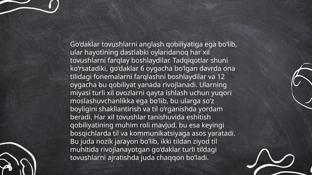 fida qulay va boy muhit yaratish lozim. har kuni 30-60 daqiqa o‘qish, qo‘shiqlar aytish va muloqot qilish tavsiya etiladi. muloqot yolg‘iz so‘zlash bilan cheklanmasdan, yuz ifodalari va tana tilidan foydalanish ham muhimdir. bu usullar bolalarning kommunikativ ko‘nikmalarini oshirishga yordam beradi. ... t.me/slaydai_bot 12. oila a’zolari nutqdagi roli mavzusida oila a’zolarining muloqotdagi ishtiroki muhim hisoblanadi. oila a’zolari o‘rtasidagi muloqot asosan intim va shaxsiy bo‘lib, u insonlar orasidagi bog‘lanishni mustahkamlaydi. tadqiqotlar ko‘rsatadiki, oilada har bir a’zoning nutqi oila ichidagi muhit va munosabatlar rivojiga ta’sir qiladi. masalan, ota-onalar o‘z farzandlari bilan muntazam muloqot qilib, ularning so‘zlashuv qobiliyatini oshirishlari mumkin. statsistik ma’lumotlarga ko‘ra, oilada to‘g‘ri va ochiq muloqot o‘zaro tushunishni 70% ga yaxshilaydi. natijada, oila ichidagi nutq madaniyati va sifatli muloqot oila farovonligi va mustahkamligiga xizmat qiladi. ... t.me/slaydai_bot 13. go‘daklik davrida eshitish va tushunish go‘daklik davrida eshitish va tushunish qobiliyati bolaning rivojlanishi uchun juda muhimdir. dastlabki 3 oyda chaqaloqlar tovushlarga javob qaytara boshlaydilar. …