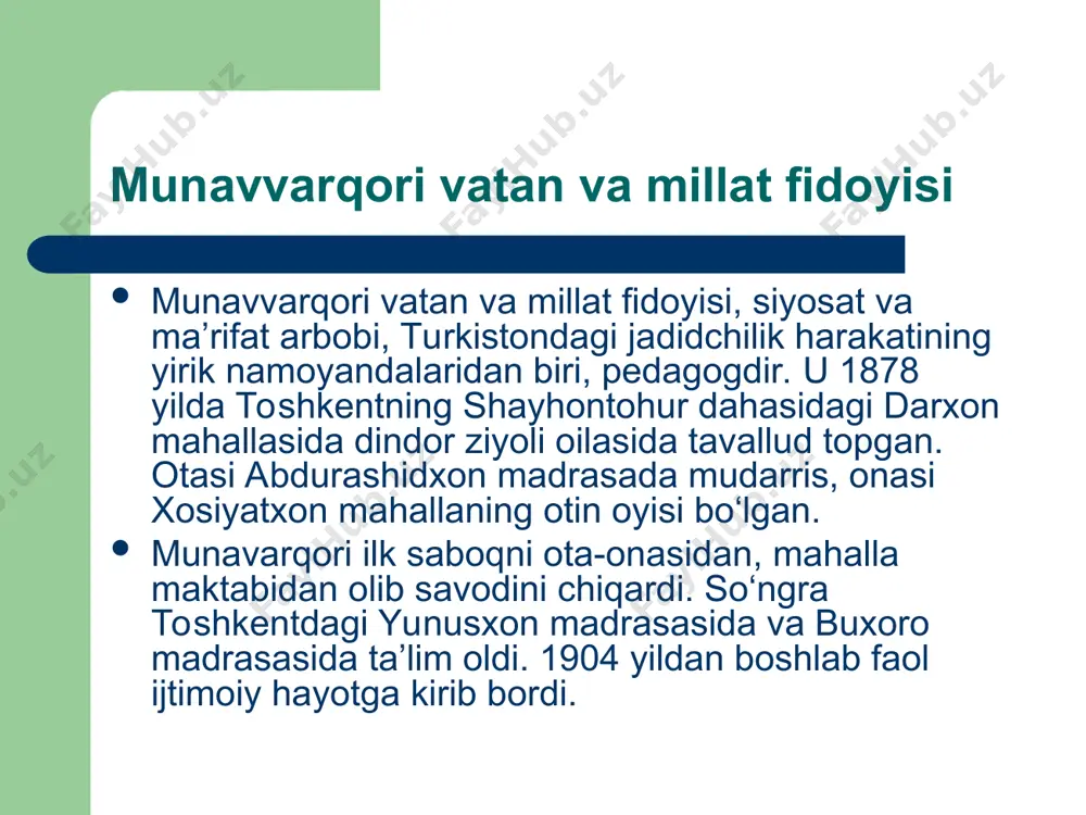 ez, oson va engil olib boradigan yaxshi yo’lni topish haqidagi fikrga keldim. men yangi qo’llanmali, fundamental zamonaviy pedagogika asosida kichik maktab-madrasalarni tashkil etishni xohlardim. bunday musulmon maktablarning tipi — ikki sinfli usuli jadid maktablari rossiyaning orenburg va qozon shaharlarida mavjud. bundan sakkiz yil avval men ochgan maktabda hozirgacha ishlab kelayotgan o’qituvchilar bilan birga men turkistonda yangi musulmon maktablarini qura boshladim. dastlab dastur va darsliklarni tuzishga to’g`ri keldi». munavvar qori dastlab qrim va tataristondagi o’qituvchilar tuzgan dastur va adabiyotlardan foydalanadi. ammo bu «... tildagi adabiyotlarning o’quvchilar u yoqda tursin, hatto muallimlarning o’zi til jihatidan tushunishi qiyin bo’lgani uchun bu usulni tark etib, eski usullarni foyda-lik topib, anga ruju’ etdilar. bunga sabab na o’ldi? jumla makotibi islomiyag`a yarag`on usuli bilan savtiya turkis-ton maktablarina yaramadimi? yangi tartib bilan o’qituvchi-muallimlar prog`romlari 1893 yildan turkistonning qo’qon, samarqand kabi shaharlarida tatar muallimlari, ularning shogirdlari tomonidan ochilgan usuli jadid maktablar rivojlanmaganiga, yuqoridagi kamchiliklardan tashqari, chor hukumatining yo’l …